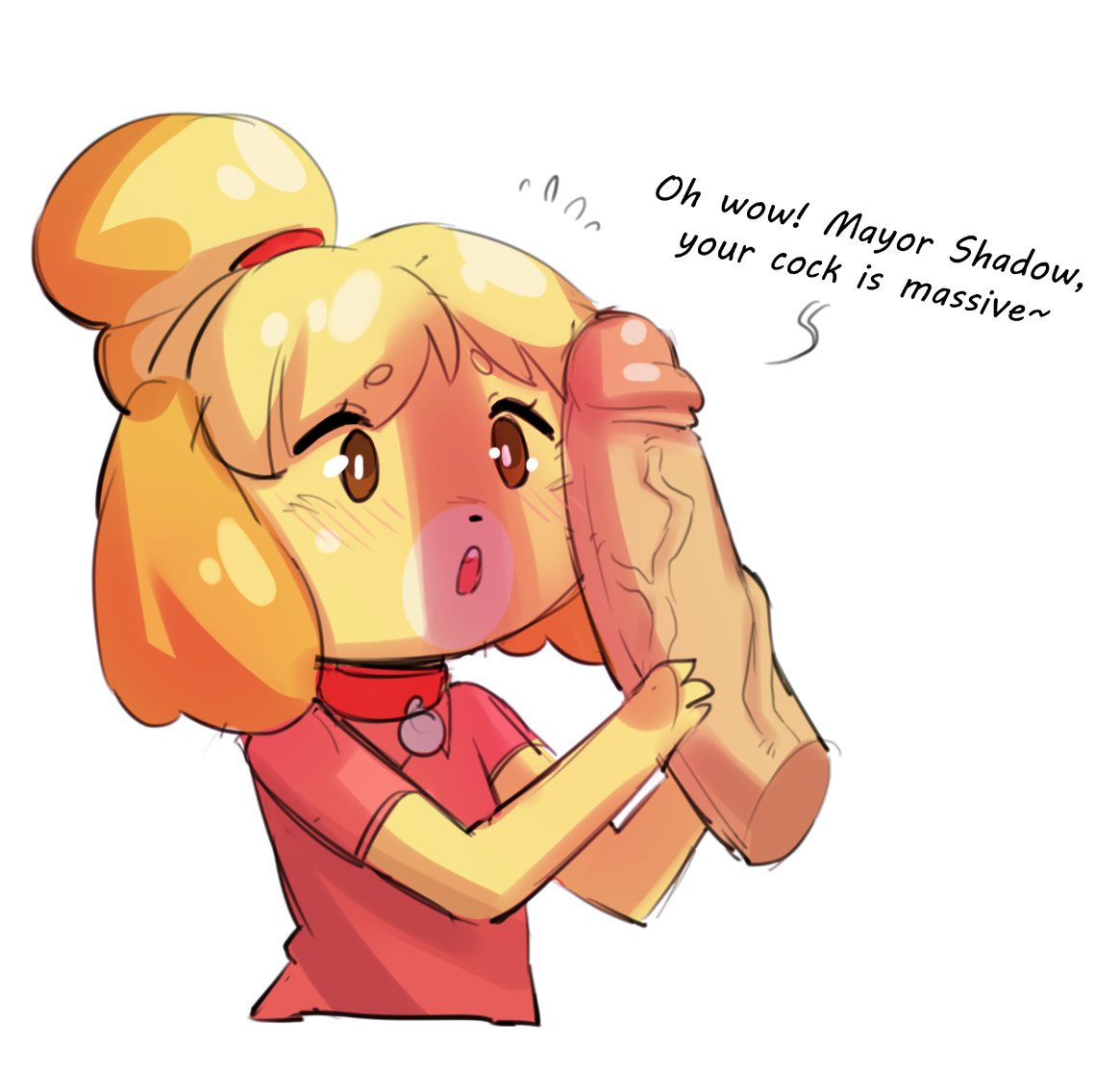 2021, animal crossing, borvar, canine, collar, disembodied penis, dog collar, female, fully clothed, grabbing penis, isabelle (animal crossing), looking at penis, male, nintendo, open mouth, penis, red headband, red shirt, sketch, smaller female, yellow fur, yellow hair