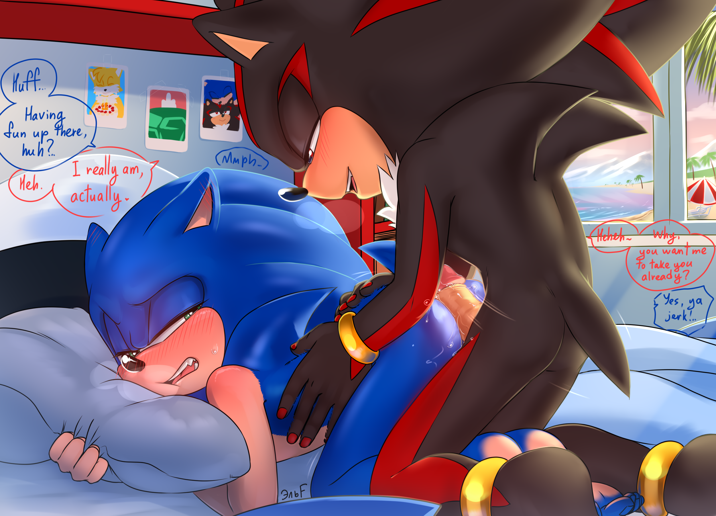 2021, 5 fingers, all fours, anklet, anthro, anthro on anthro, anthro penetrated, anthro penetrating, anthro penetrating anthro, ass, ass grab, barefoot, bed, big ass, big butt, big penis, black body, black fur, black nose, blue nails, blue toenails, blush, bodily fluids, bracelet, butt grab, chest tuft, colored nails, dialogue, duo, english text, erection, eulipotyphlan, eyes mostly closed, fangs, feet, fingers, fur, furniture, gay, genital fluids, genitals, glans, green eyes, hand on ass, hand on butt, heart, hedgehog, hi res, hip grab, humanoid feet, humanoid hands, intraspecies, jewelry, kneeling, krazyelf, looking back, male, male only, male/male, mammal, motion lines, multiple boys, multiple males, nails, narrowed eyes, on bed, open mouth, penetration, penis, pillow, pink glans, precum, red body, red eyes, red fingernails, red fur, red nails, romantic, romantic couple, sega, shadow the hedgehog, smile, smirk, sonadow, sonic (series), sonic the hedgehog, sonic the hedgehog (series), speech bubble, tails, tails the fox, tan inner ear, tan penis, text, thrusting, tuft, white body, white fur, yaoi