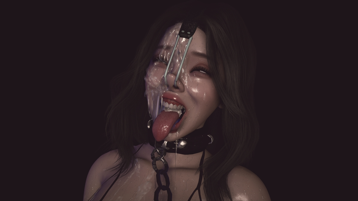 1girls, artist request, black hair, chain leash, chains, character request, collar, collarbone, cum on face, degradation, female, fucked silly, leash, leash and collar, nose hook, sex, smile, smiling, tagme, tongue, tongue out
