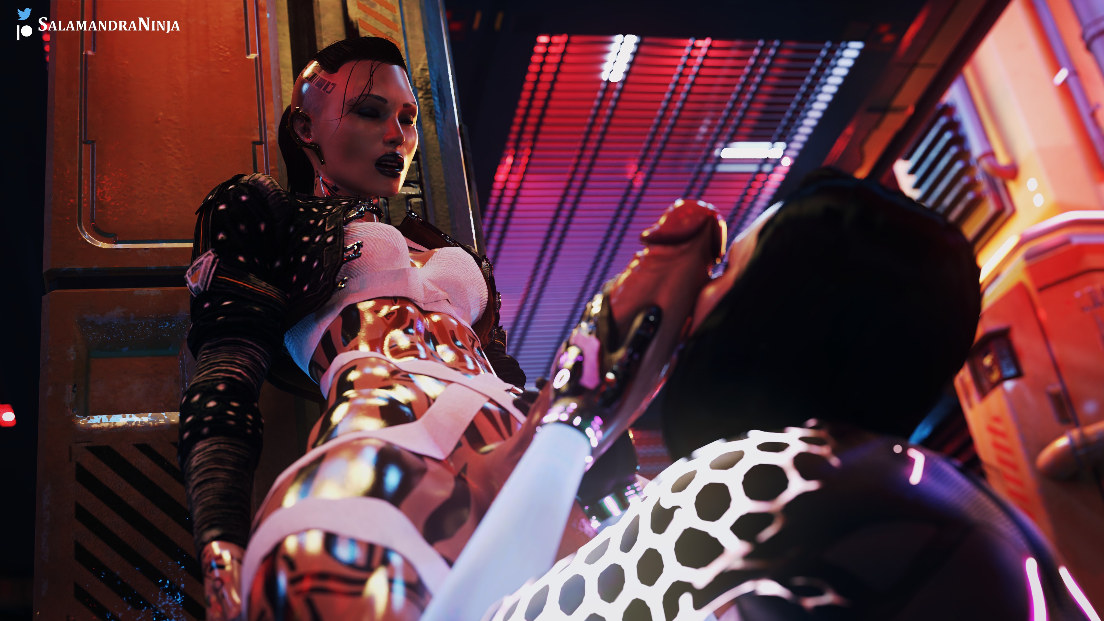 1futa, 1girls, 3d, big penis, clothed, clothing, duo, erection, female, fully clothed, futa on female, futanari, huge cock, human, intersex, jack (mass effect), light skin, light-skinned female, light-skinned futa, low-angle view, mass effect, miranda lawson, mostly nude, pale skin, penis, salamandraninja, standing