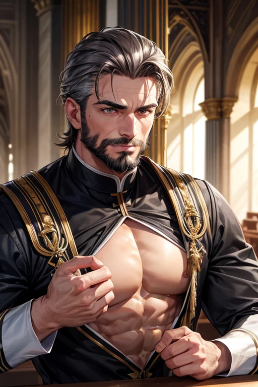 1boy 1male ai_generated bold_jawline brown_hair cassock chest chiseled_chest church dimples facial_hair father front_view grey_eyes grey_hair male male male_focus male_only mature_man medium_beard muscular_body muscular_priest nipples priest priest_uniform pulpit roman_nose seductive sexy_man silver_fox slicked_back_hairstyle solo toned_arms trimmed_beard zaddy