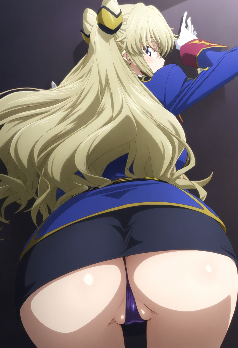 1girls ai_generated bent_over blonde_hair code_geass code_geass:_boukoku_no_akito female hair_bun hair_ornament leila_(code_geass) leila_malcal light-skinned_female long_hair looking_at_viewer looking_back medium_breasts military_uniform panties poyopoyo_ai presenting presenting_hindquarters purple_eyes purple_panties solo twin_buns