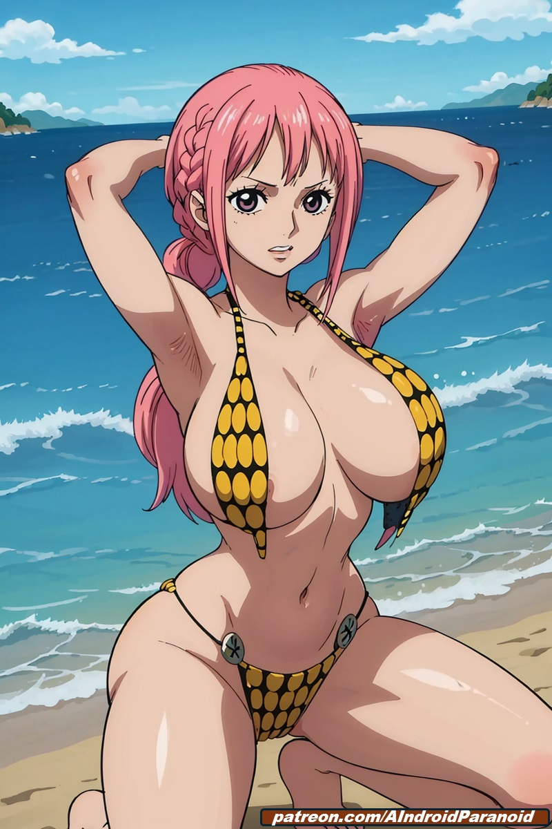 1girls, ai generated, aindroidparanoid, beach, big breasts, bikini, bikini armor, breasts, brown eyes, cleavage, female, female only, hips, hourglass figure, huge breasts, narrow waist, one piece, outdoors, pink hair, pink-haired female, rebecca (one piece), stable diffusion, voluptuous, warrior