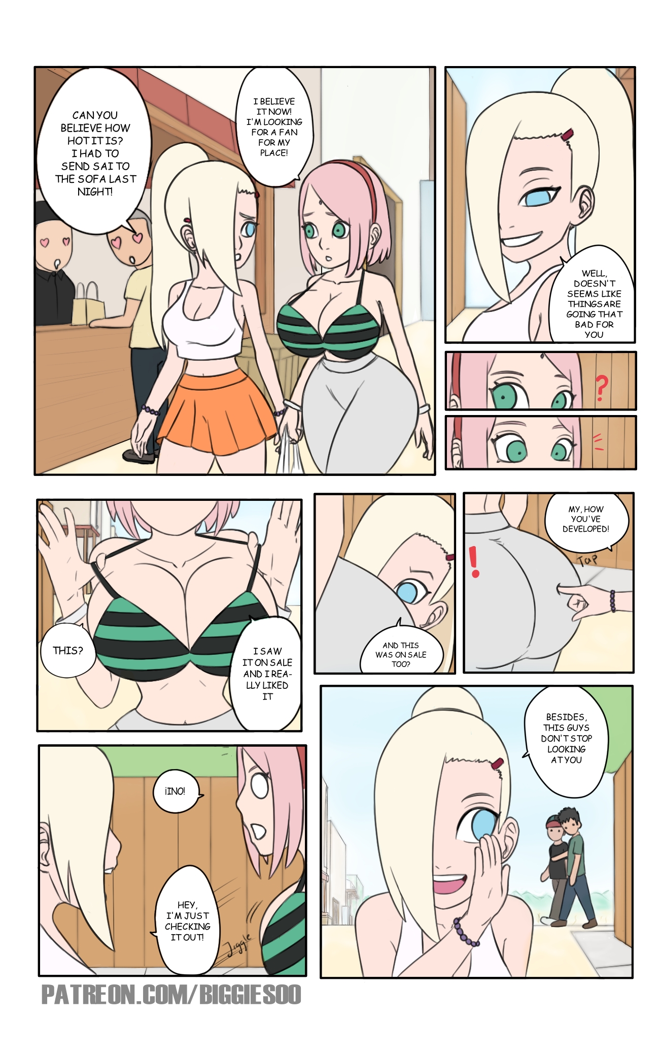 2girls, ass, big ass, big breasts, big butt, biggies00, bikini top, boruto: naruto next generations, bra, breasts, bubble ass, bubble butt, color, comic, comic page, english text, female, female focus, haruno sakura, human, ino yamanaka, jiggle, male, multiple boys, multiple females, multiple girls, multiple males, naruto, naruto (series), oppai, sakura haruno, skirt, text, thick thighs, uchiha sakura, wide hips, yamanaka ino
