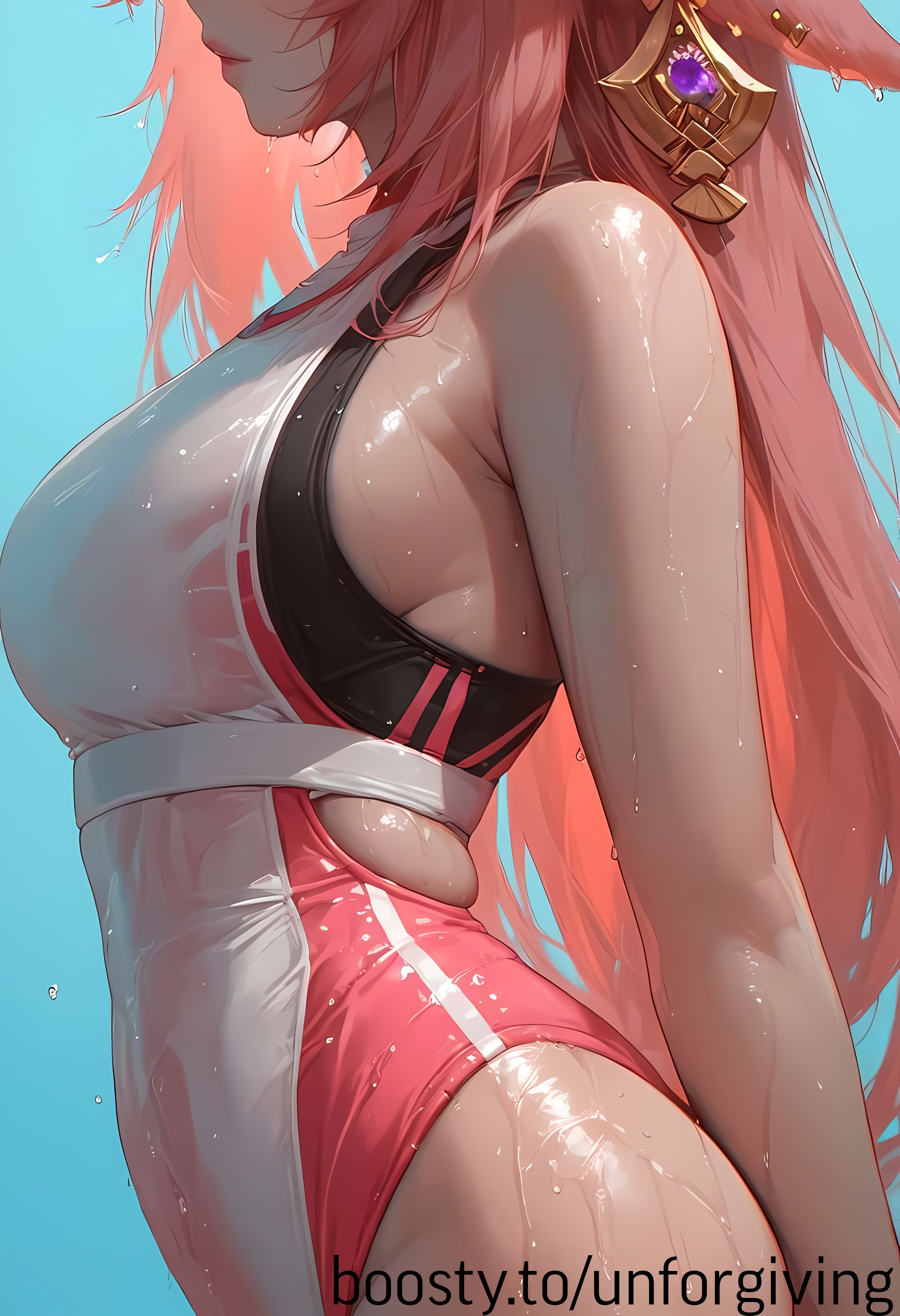 ai generated, breasts, female, genshin impact, one-piece swimsuit, pink hair, sweat, swimsuit, unforgiving, wet, wet body, wet clothes, wet skin, white swimsuit, yae miko