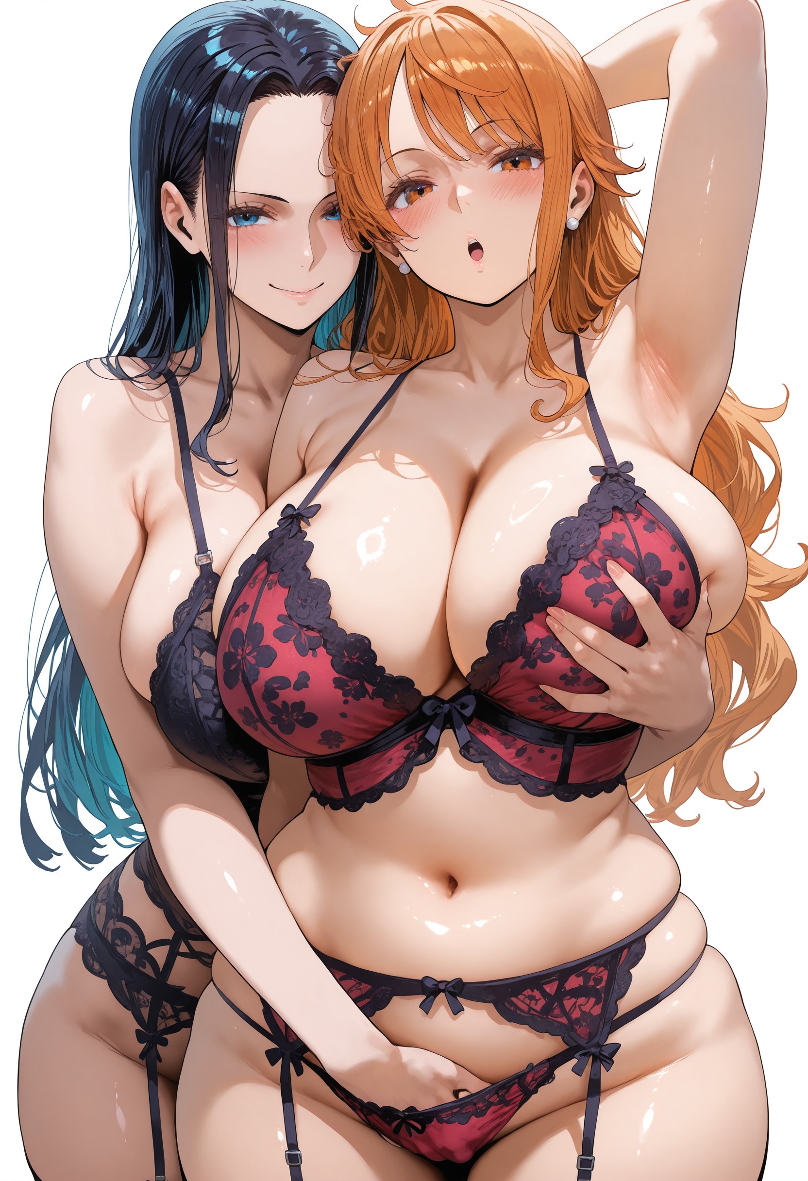 2girls, ai generated, black hair, blue eyes, breasts, clothing, female, female only, flyingpancake, hips, huge breasts, light skin, light-skinned female, lingerie, long hair, nami (one piece), nico robin, one piece, orange eyes, orange hair, post-timeskip, thick thighs, thighs, wide hips, yuri