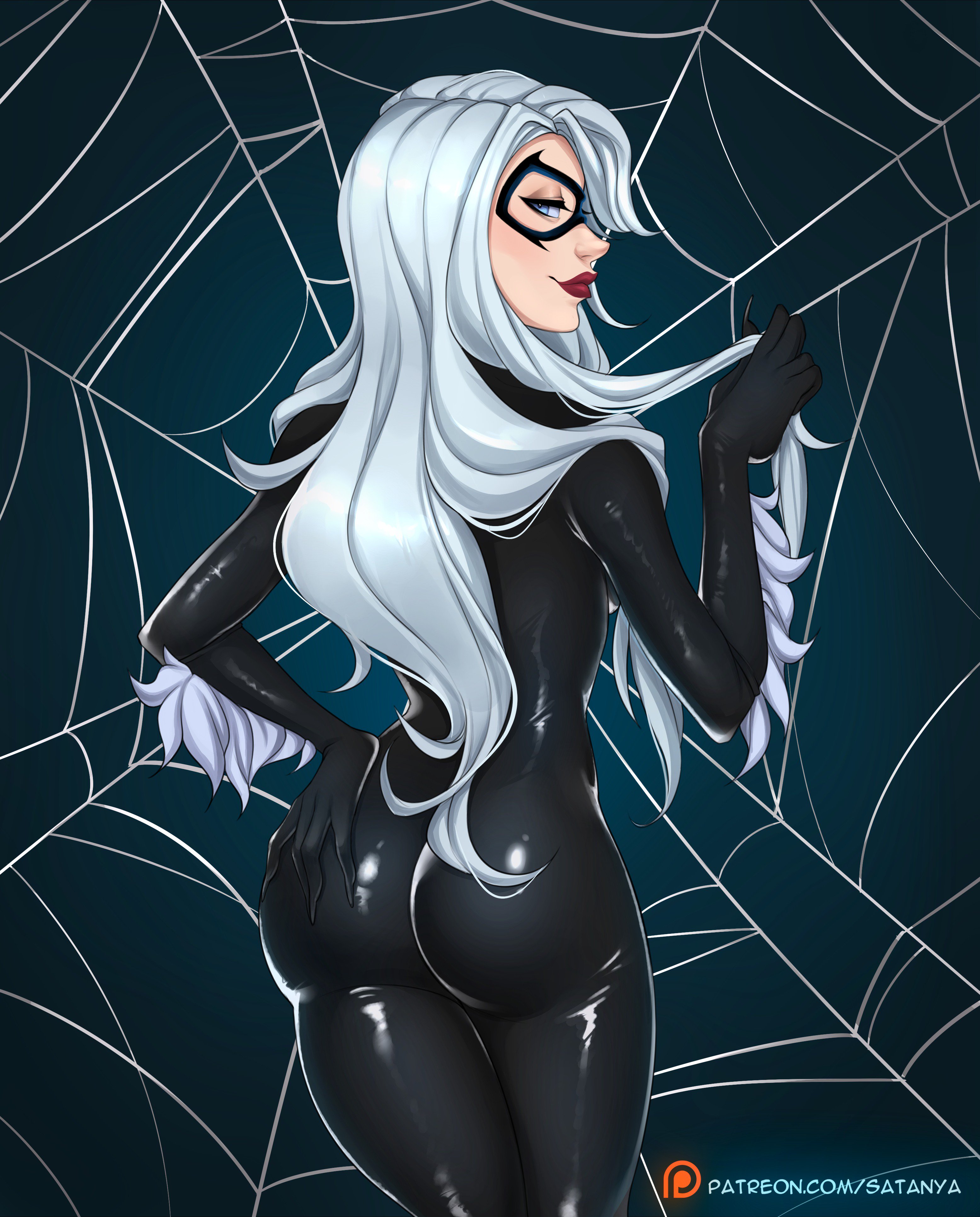 ass, big ass, big butt, black cat (marvel), blue eyes, bodysuit, bubble ass, bubble butt, felicia hardy, female, half-closed eyes, latex suit, long hair, looking back, marvel, marvel comics, red lipstick, satanya, smile, spider web, spider-man (series), white hair