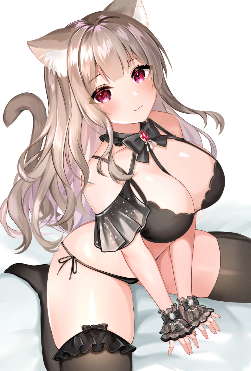 big breasts, breasts, brown hair, cat ears, cat girl, cat tail, catgirl, female, ktsk pati, lingerie, original, original character, panties, purple eyes, thick thighs, thighhighs, thighs