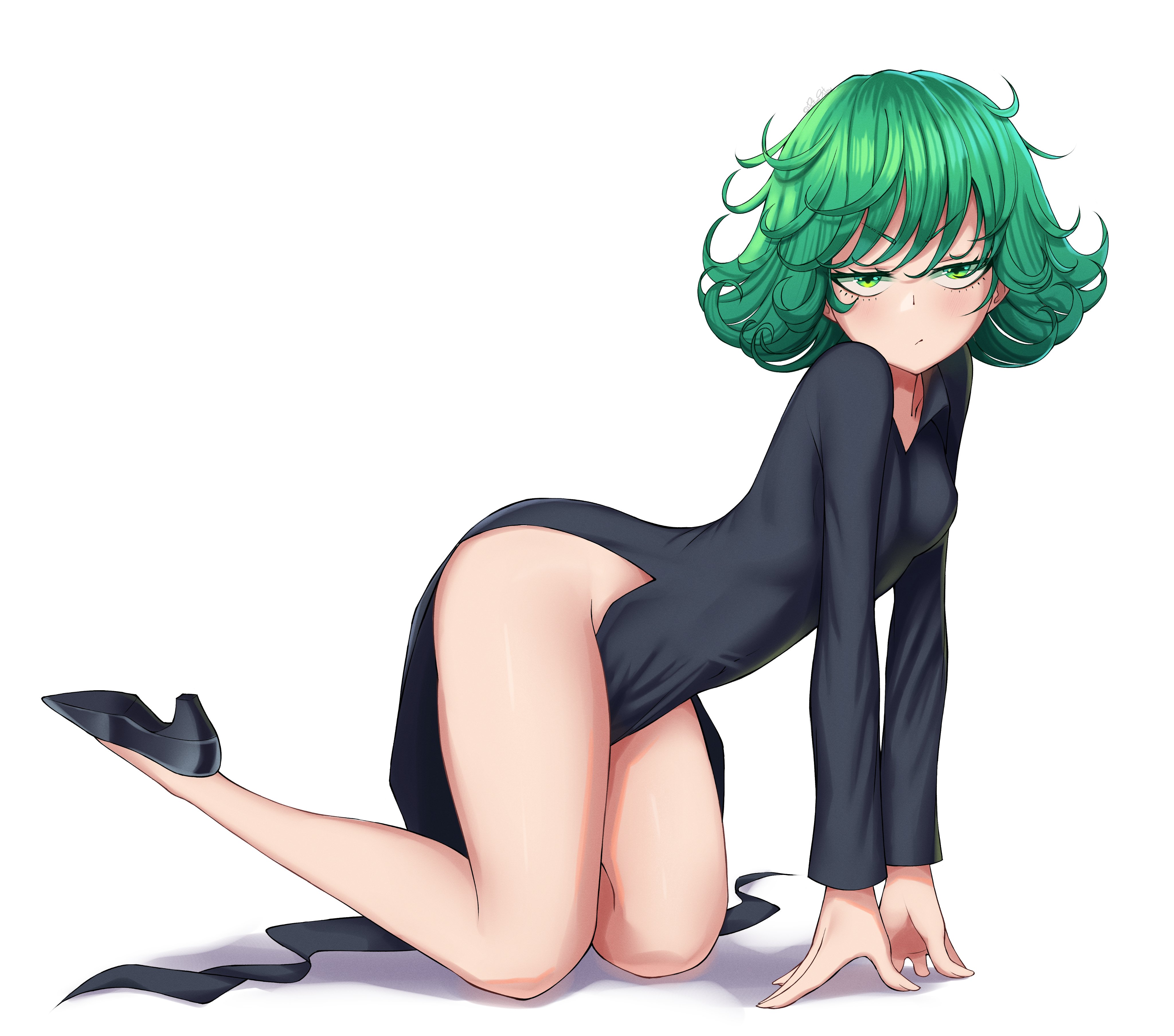 1girls, annoyed, annoyed expression, ass, breasts, curvy, dress, female, green eyes, green hair, heels, highres, light skin, light-skinned female, looking at viewer, one-punch man, pietrosatou, shounen jump, small breasts, solo, solo female, solo focus, tagme, tatsumaki, thick thighs, tsundere