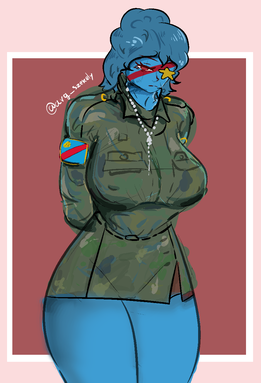 1girls avg_szekely big_breasts busty countryhumans countryhumans_girl democratic_republic_of_the_congo_(countryhumans) female female_focus female_only ikarusz meme meme_reference military_uniform miniskirt thighhighs thighs uniform