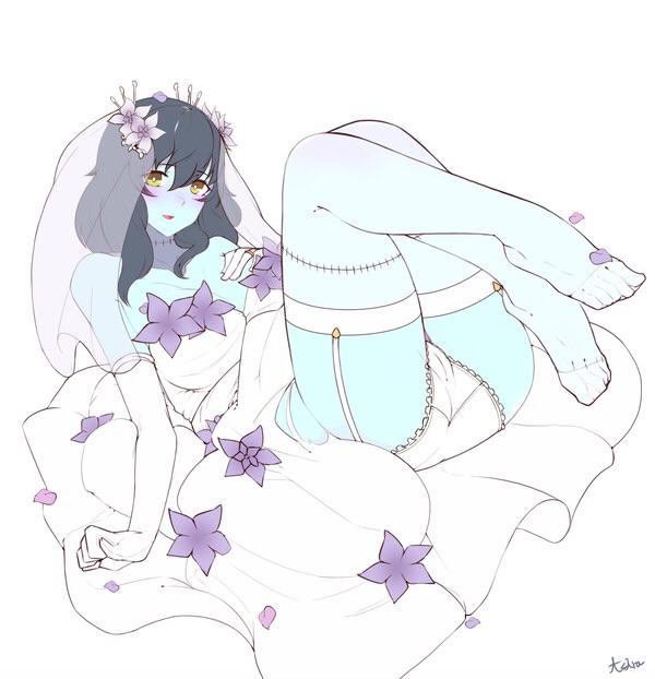 bridal veil, bride, feet up, female, garter belt, gloves, graveflower verbena, panties, stitches, stockings, tagme, the battle cats, zombie girl