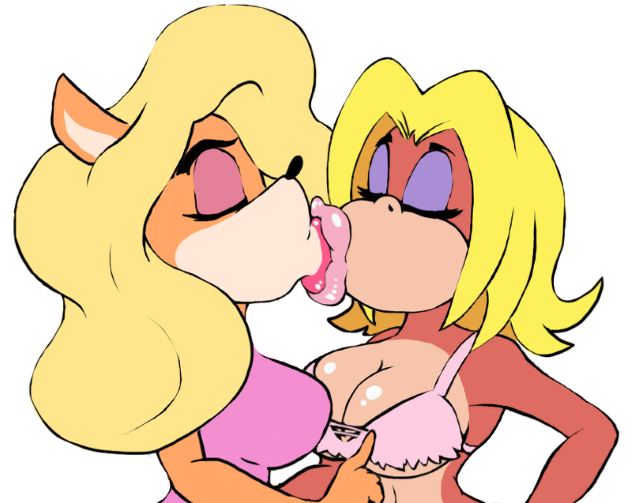 2girls, activision, big breasts, blonde hair, breasts, candy kong, crash (series), crossover, donkey kong (series), duo, eyeshadow, female, female only, kissing, landotherian, lesbian, lesbian kiss, lips, lipstick, mammal, monkey, monkey girl, nintendo, pink eyeshadow, pink lipstick, tagme, tawna bandicoot, violet eyeshadow, yuri