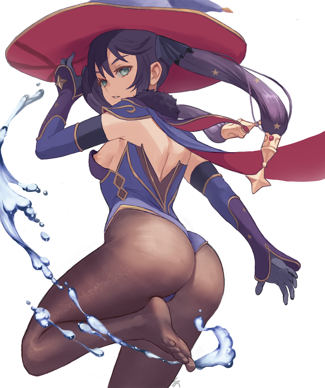 1girls, 2021, ass, ass focus, ass shot, back, back view, black hair, bubble ass, bubble butt, cutesexyrobutts (style), feet, feet in stockings, female, female focus, female only, genshin impact, green eyes, hair ornament, hat, highleg leotard, huge ass, large hat, leggings, leotard, long hair, mona (genshin impact), nipples, sheer legwear, simple background, twintails, water, white background, witch hat, zefra bleu