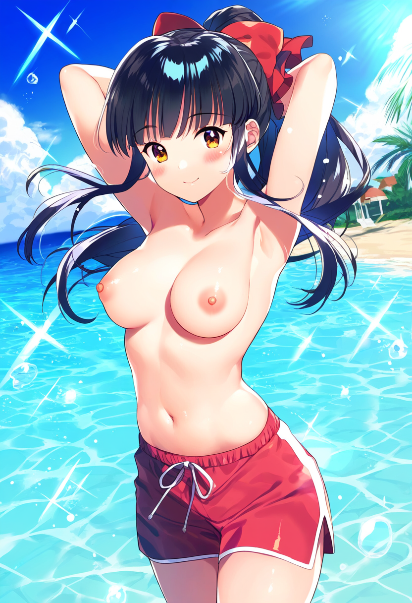 1girls ai_generated armpits arms_behind_head arms_up beach big_breasts breasts brown_eyes busty female female_only hair_ribbon hi_res large_breasts legs long_hair looking_at_viewer male_swimwear navel nipples ocean ponytail pose posing red_bow sakura_shinguji sakura_taisen sega sexy_armpits shorts smile solo thighs topless voluptuous water