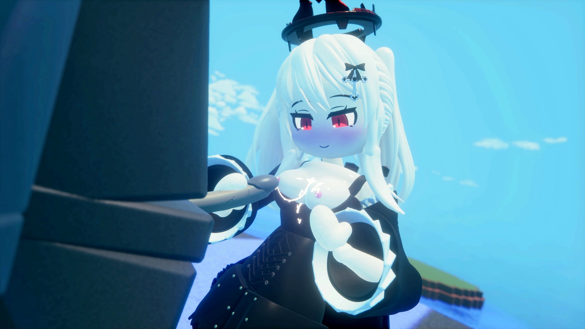 3d, anon, blush, breasts, cum on breasts, cumshot, cumstring, female, handjob, hoxy6p70, natural disaster survival, original character, red eyes, roblox, roblox avatar, showing breasts, white hair, white skin