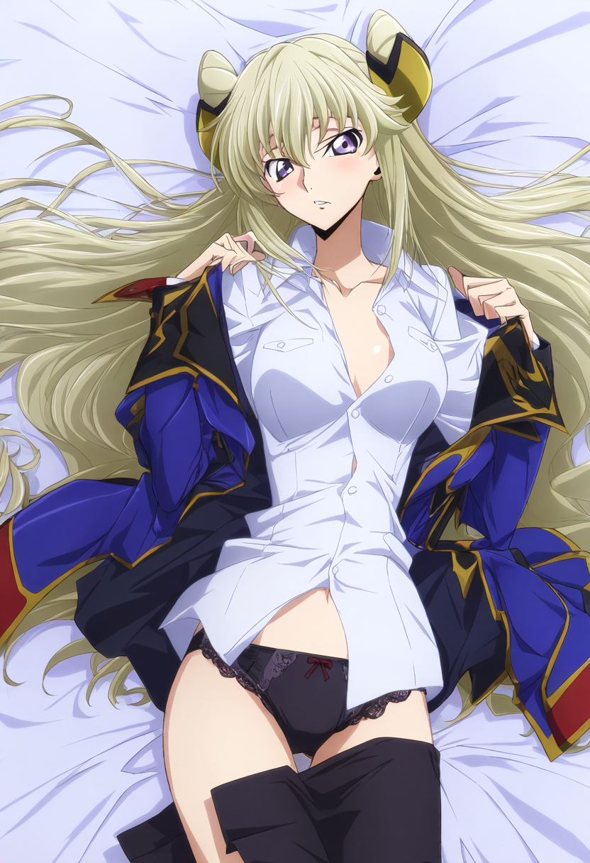 1girls ai_generated black_panties blonde_hair bow_panties code_geass code_geass:_boukoku_no_akito female hair_bun hair_ornament imminent_sex leila_(code_geass) leila_malcal light-skinned_female long_hair looking_at_viewer medium_breasts military_uniform no_bra on_back on_bed panties poyopoyo_ai purple_eyes solo thigh_gap twin_buns