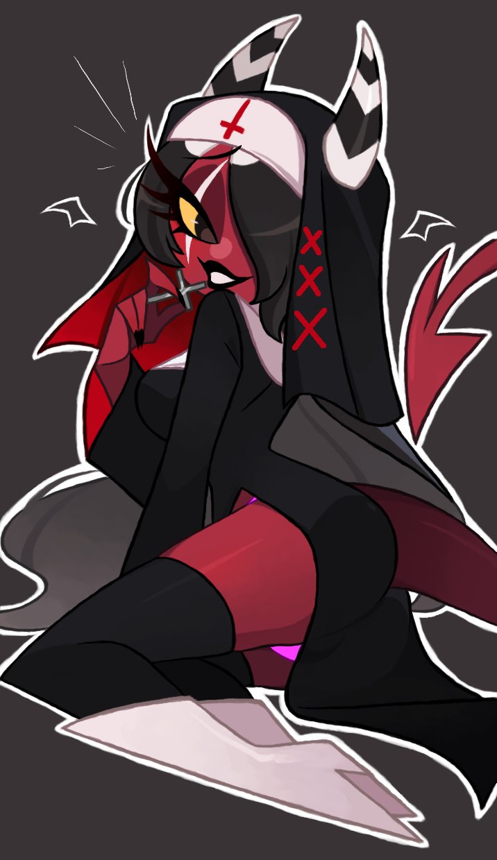 demon, female, hair over one eye, helluva boss, horns, imp, kneeling, legwear, lipstick, nun outfit, red body, sallie may (helluva boss), solo, tagme, tail