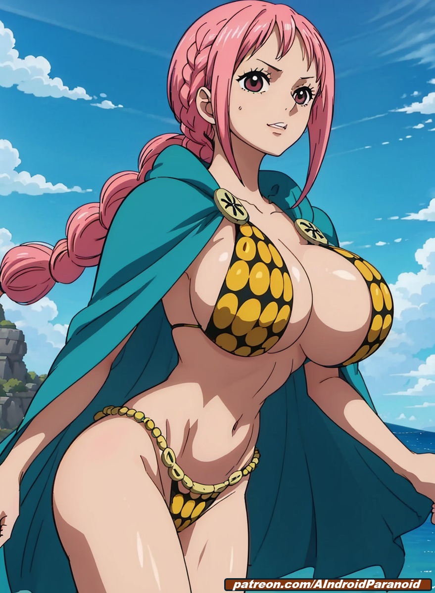 1girls, ai generated, aindroidparanoid, beach, big breasts, bikini, bikini armor, braid, breasts, brown eyes, cleavage, female, female only, hips, hourglass figure, huge breasts, long hair, massive breasts, narrow waist, one piece, outdoors, pink hair, pink-haired female, rebecca (one piece), stable diffusion, voluptuous, warrior