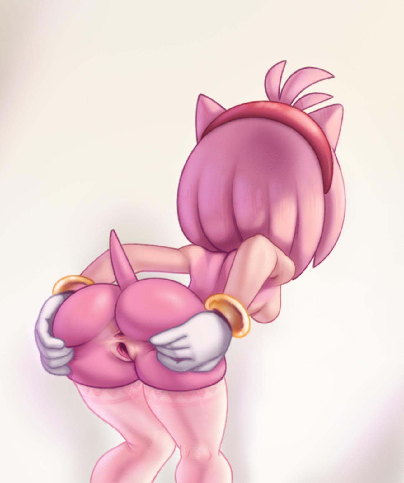 amy rose, anthro, aoncyth, ass, ass focus, ass grab, ass squeeze, bent over, big ass, blush, boots, bracelets, clothing, completely nude, female, flashing, footwear, gloves, green eyes, hands on ass, hands on own ass, handwear, hedgehog, huge ass, mooning, mostly nude, nude, pink fur, pink legwear, plump labia, presenting hindquarters, seductive, sega, sonic (series), sonic the hedgehog (series), spread anus, stretched anus, tail, thick thighs, thighhighs, white background
