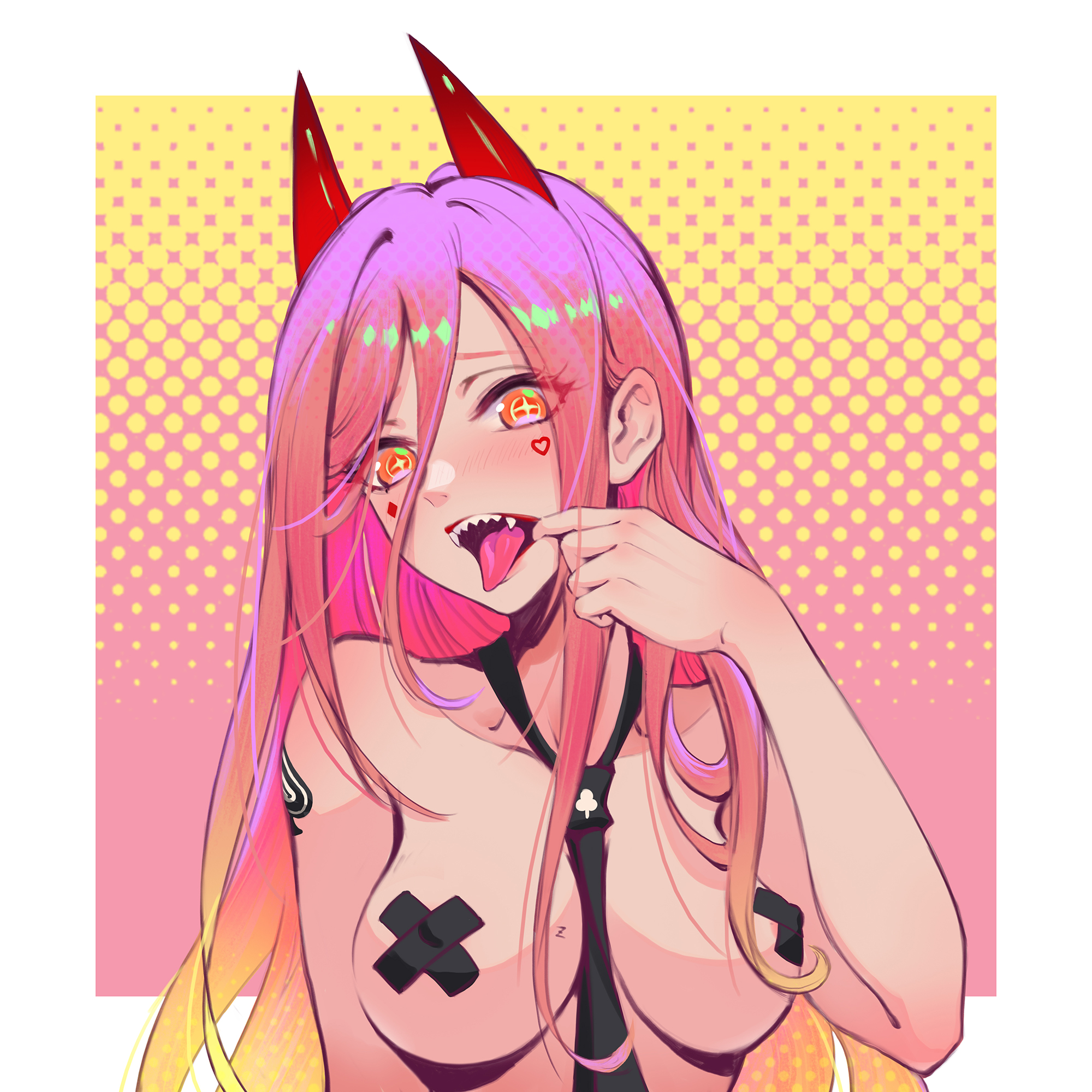 1girls, breasts, chainsaw man, covered nipples, demon, demon girl, demon horns, eye contact, female, female only, horns, joker.z, long hair, looking at viewer, medium breasts, multicolored hair, power (chainsaw man), sharp teeth, tattoo, tongue, tongue out, upper body