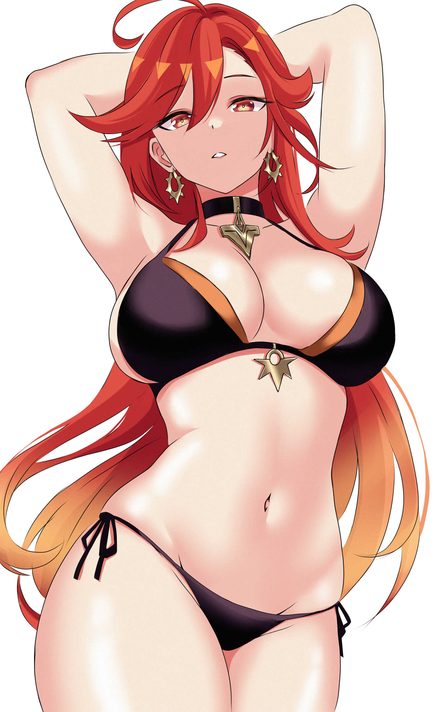 1girls arms_behind_head arms_up belly belly_button big_breasts bikini black_bikini breasts earrings exposed_belly exposed_belly_button female female_only genshin_impact large_breasts light-skinned_female light_skin mavuika_(genshin_impact) red_eyes red_hair sexy_bikini solo space_roo standing thick_legs thick_thighs thighs white_background