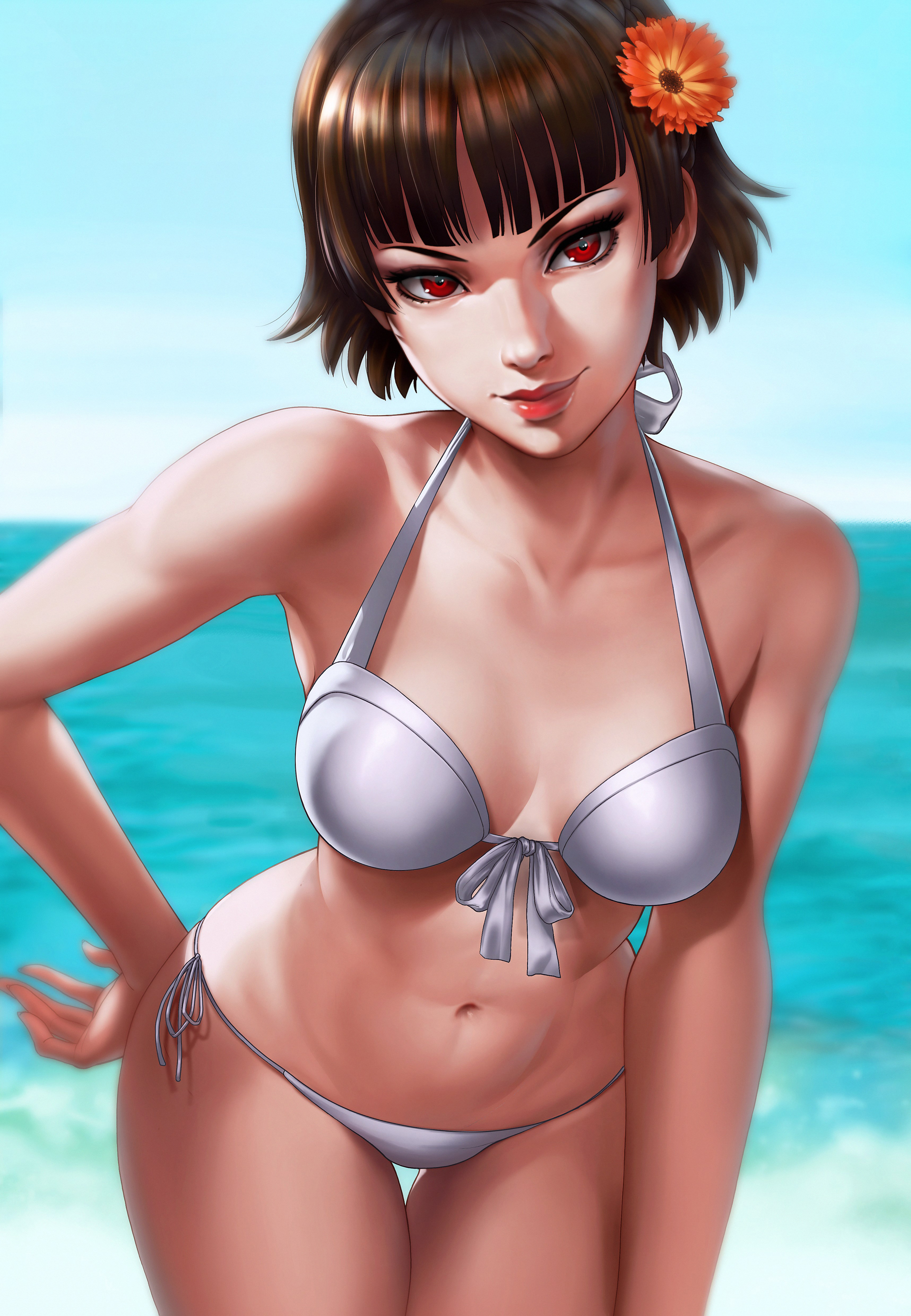 1girls, absurd res, absurdres, atlus, bangs, beach, bikini, blue sky, breasts, brown hair, brown-haired female, crown braid, dandon fuga, female, female focus, female only, flower, flower in hair, hi res, highres, light skin, light-skinned female, makoto niijima, medium breasts, medium hair, megami tensei, ocean, persona, persona 5, public, red eyes, red-eyed female, sega, short hair, short-haired female, smile, solo, solo female, solo focus, third-party edit