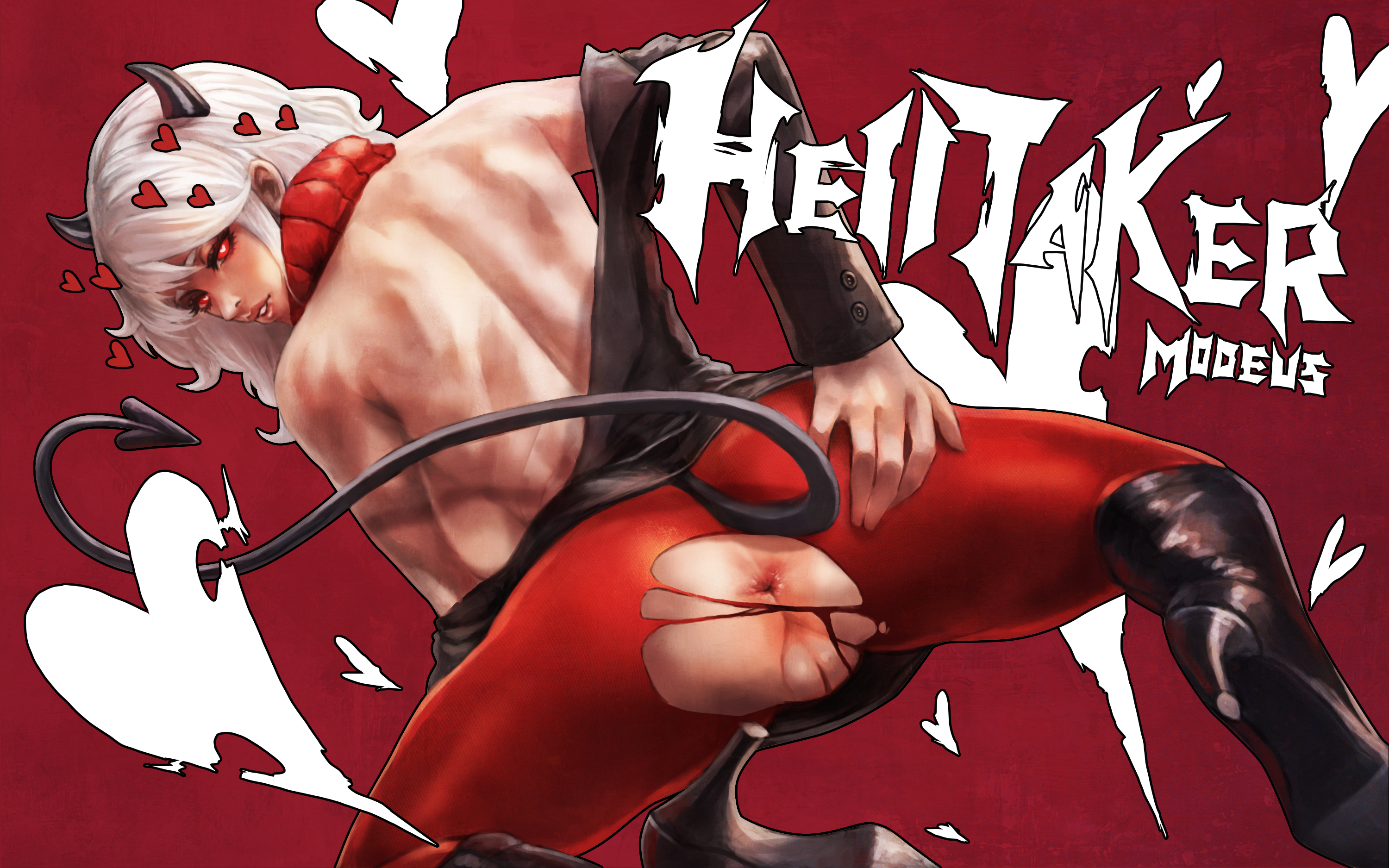anus, ass, blush, demon, demon girl, female, heart-shaped pupils, helltaker, horns, looking at viewer, looking back, modeus (helltaker), monorirogue, red background, solo, straight hair, tail, torn clothes, white hair