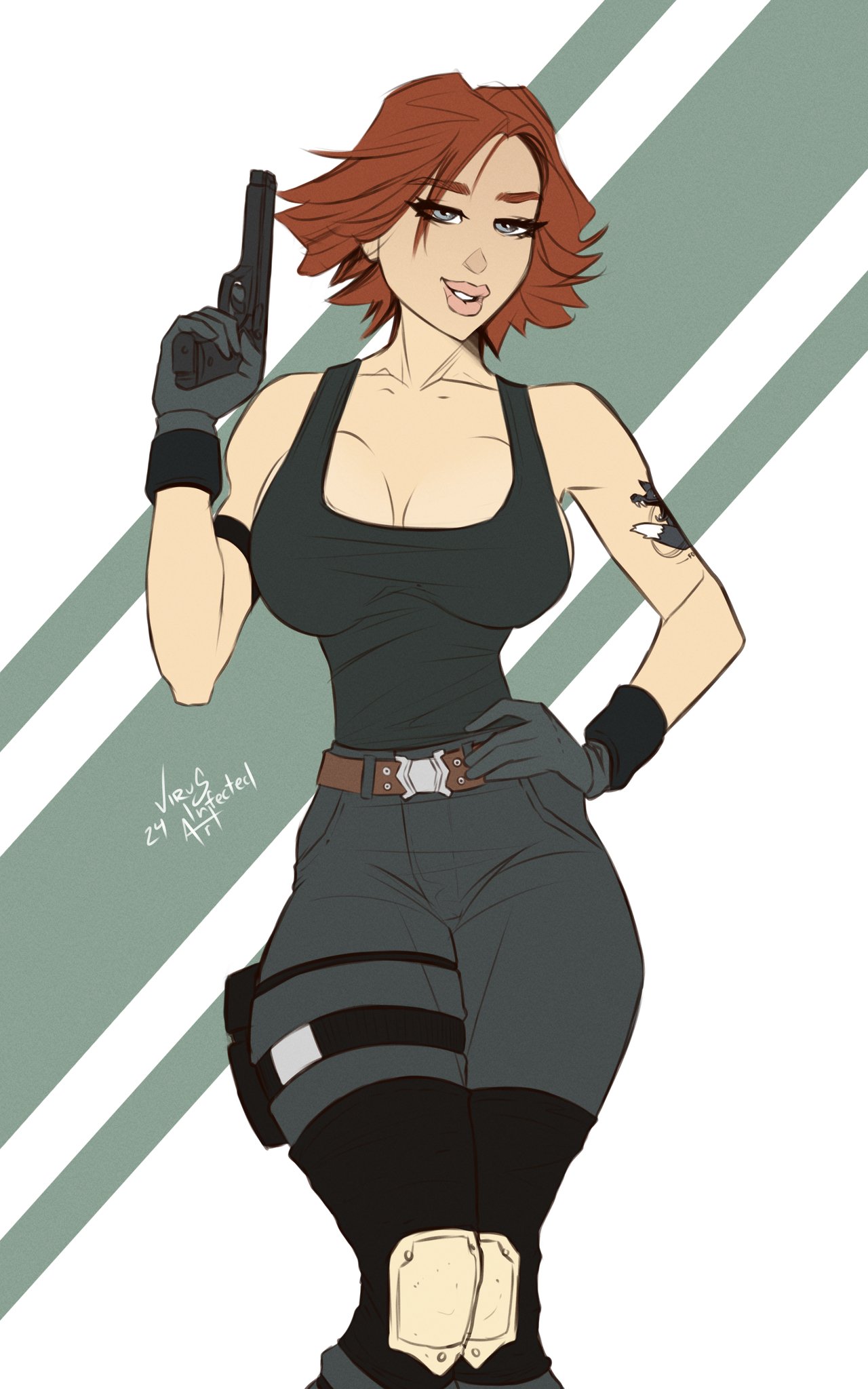 1girls, 2024, big breasts, blue eyes, breasts, busty, cleavage, female, female focus, female only, gun, hourglass figure, long hair, meryl silverburgh, metal gear solid, pants, pinup, pinup pose, pistol, questionable, red hair, sfw, short hair, solo, solo female, tank top, tattoo, virus infected art, weapon, wide hips