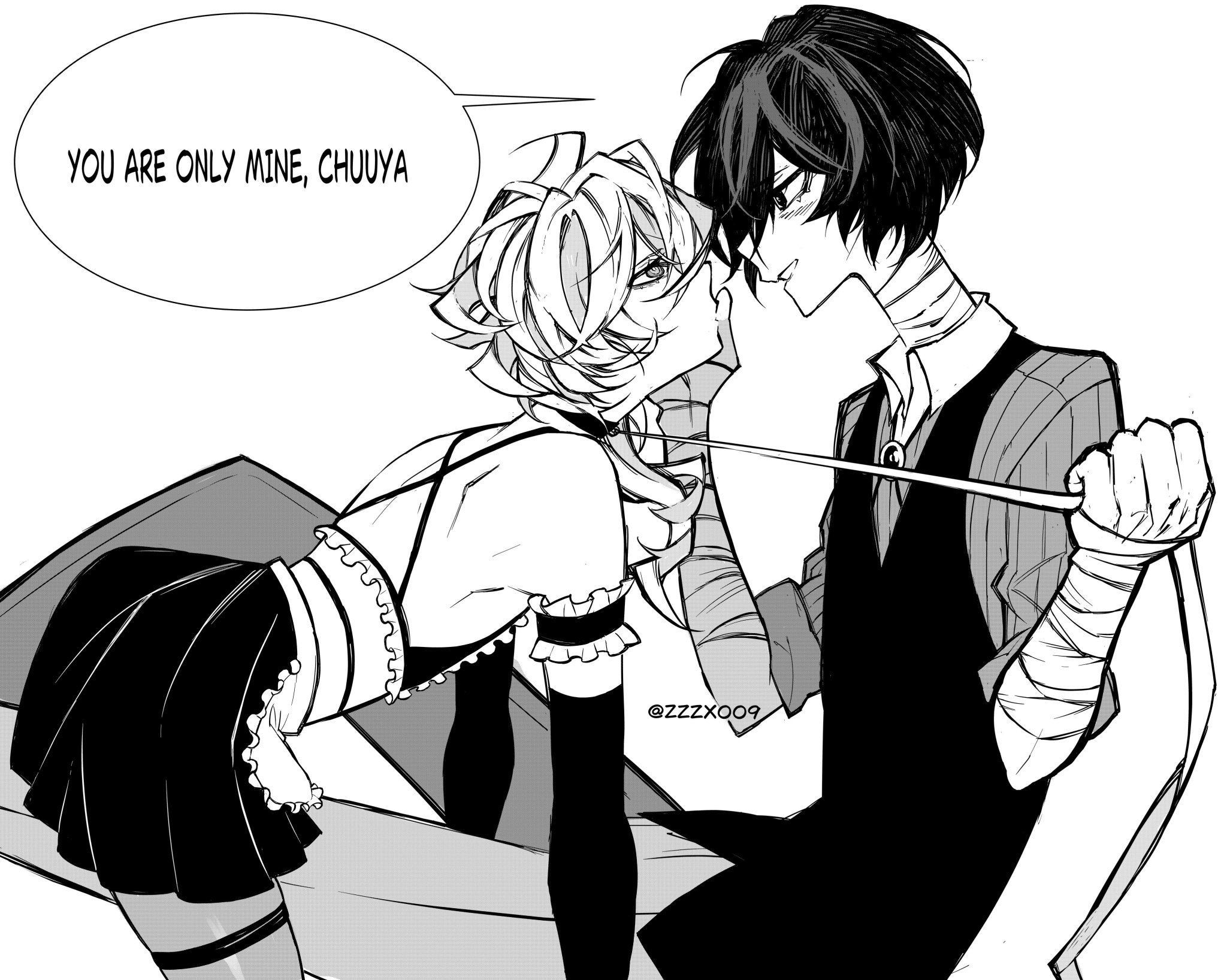 2boys, blush, bungo stray dogs, bungou stray dogs, chuuya nakahara, collar, crossdressing, dazai osamu, greyscale, leash, leash and collar, leash pull, maid, maid outfit, maid uniform, male, male only, possession, yaoi, zzzx009