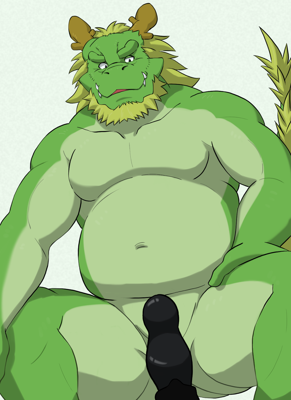 2017 anthro asian_mythology belly big_belly dildo dragon east_asian_mythology eastern_dragon green_body hi_res humanoid_hands kemono male mature_male morenatsu musclegut mythology overweight overweight_male sex_toy simple_background sitting solo tappei_(morenatsu) urakumaworld video_games visual_novel