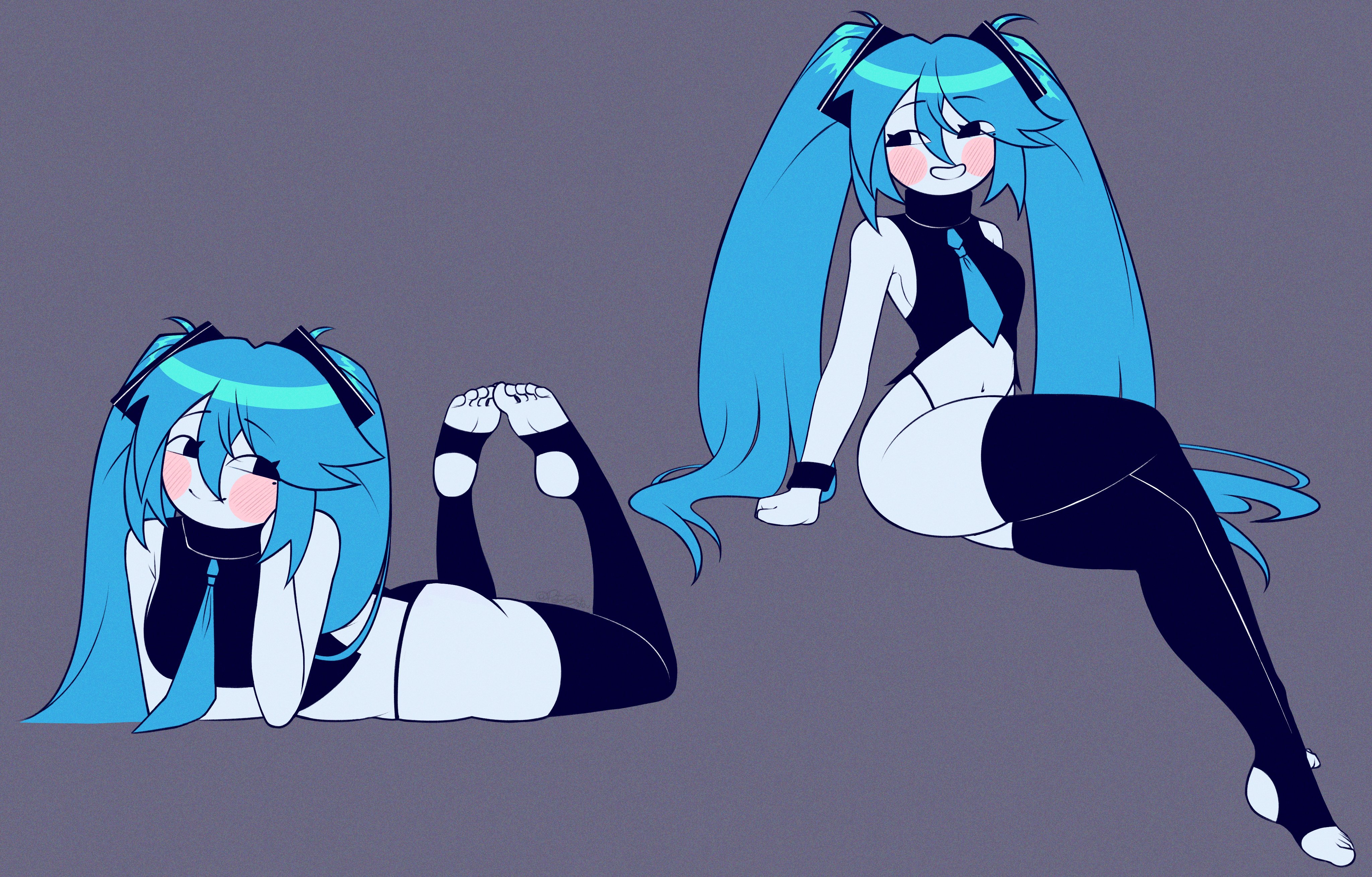 1girl, 1girls, 2024, aqua hair, ass, black panties, blue hair, blush, breasts, clothed, clothing, crop top, crossed legs, cute, feet, female, flat color, grey background, grin, hair between eyes, hatsune miku, legs, long hair, looking at viewer, lying, multiple views, nails, navel, necktie, on stomach, panties, pietrosatou, ponytail, shirt, silly, simple background, sitting, sleeveless, small breasts, smile, solo, solo female, solo focus, stirrup legwear, tagme, the pose, thighhighs, thighs, tie, toeless legwear, toes, twintails, underwear, very long hair, vocaloid, white skin
