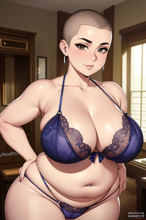 1female 1girls ai_generated bald bbw belly belly_bulge belly_button belly_button_piercing bra breasts brown_eyes button_nose cameltoe chubby cleavage cute_face fat fat_arms fat_belly fat_rolls female female_focus female_only large_boobs large_breasts lingerie mommy panties plus_size pudgy purple_bra purple_lingerie purple_panties rolls shaved_head solo thick_thighs