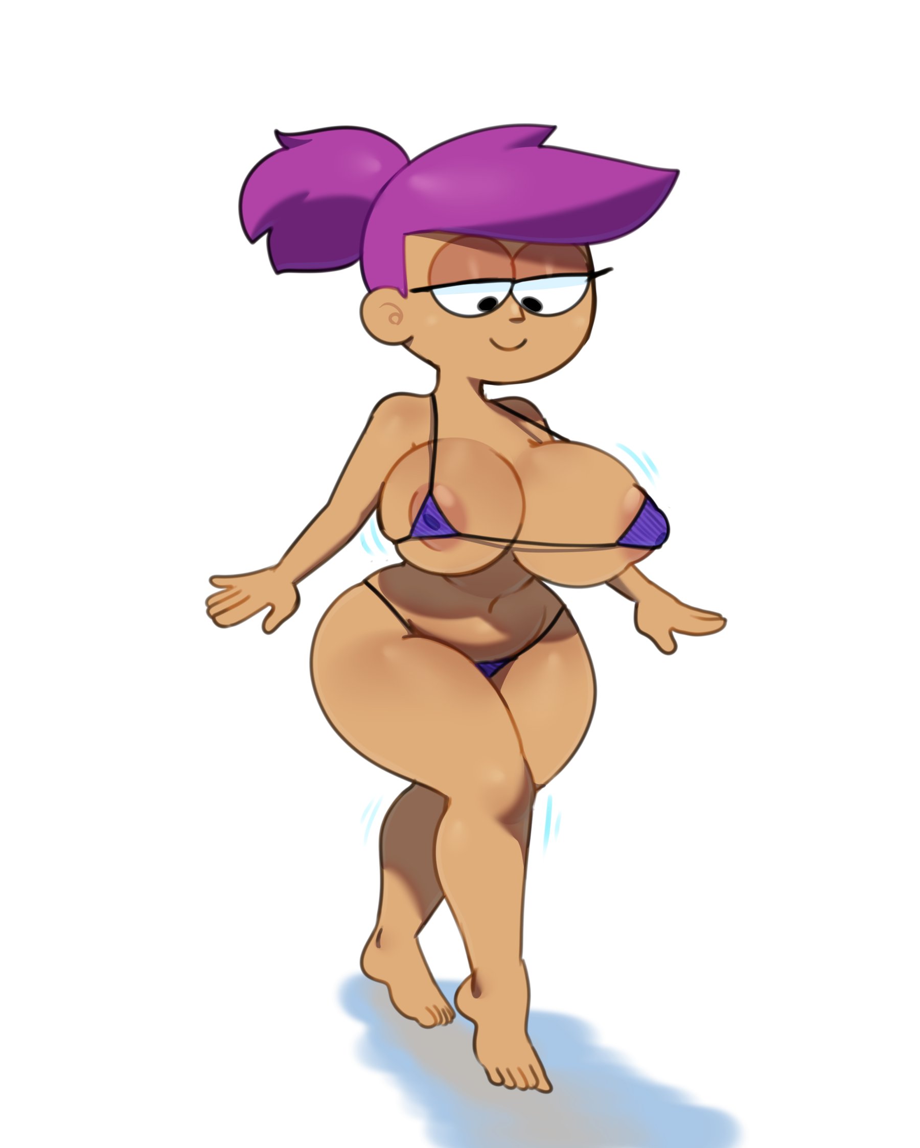 areola slip, areolae, barefoot, big breasts, bikini, bra, breasts, cleavage, enid, female, half-closed eyes, large breasts, micro bikini, navel, ok k.o.! let's be heroes, panties, simple background, smile, somescrub, walking, white background, wide hips