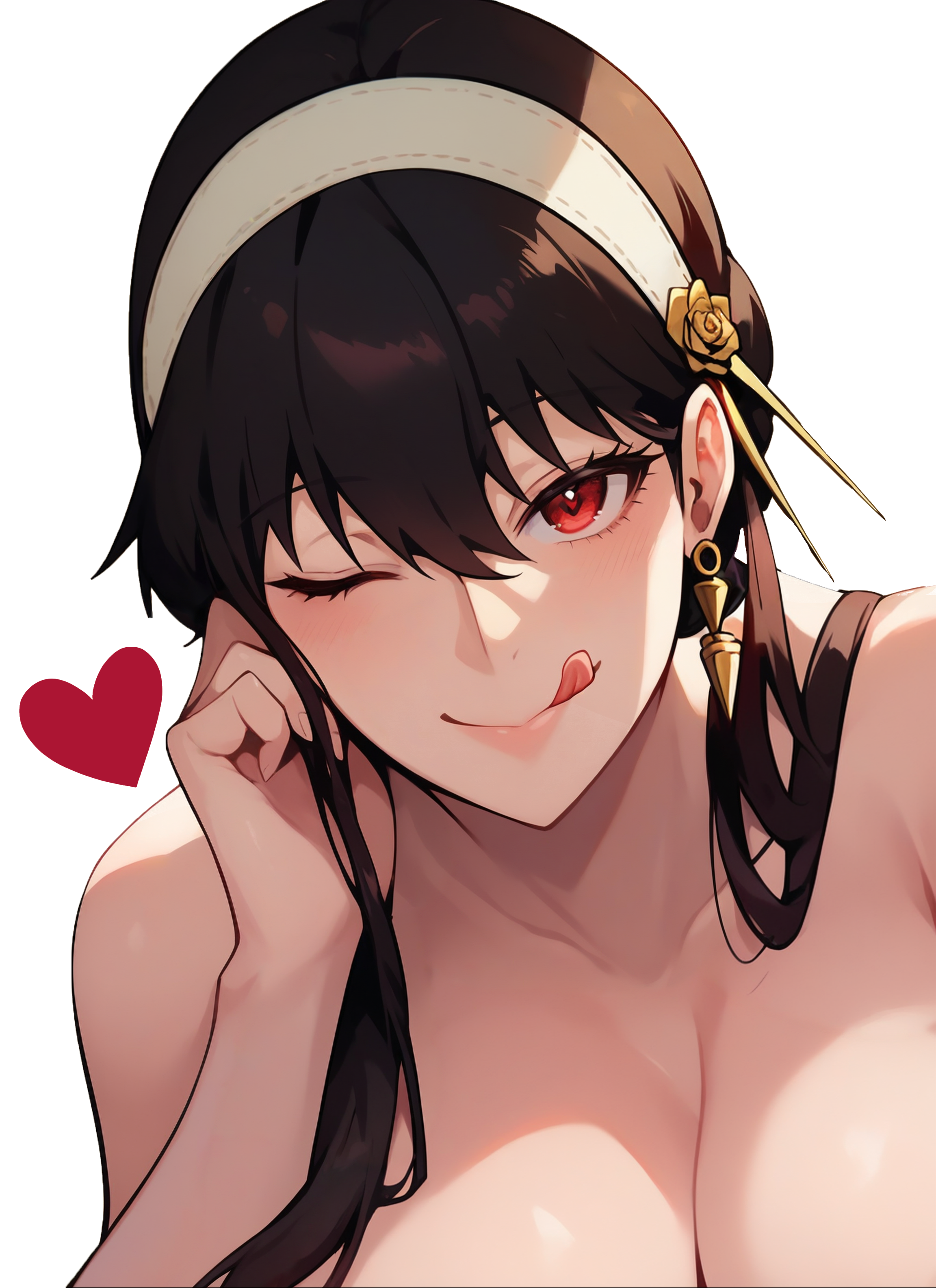 1girls, 2024, ai generated, black hair, detailed, earrings, female, female focus, female only, heart, hi res, illumaru, jewelry, licking lips, looking at viewer, naughty face, nude, one eye closed, patreon username, red eyes, seductive smile, solo, spy x family, stable diffusion, sticker, wink, winking at viewer, yor briar, yor forger