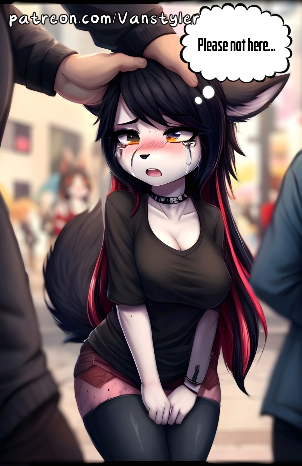 abuse age_difference ai_generated anthro black_hair blurry_background blush bullying cat_ears chibi clothed collar crying embarrassed emo_girl furry grabbing_head human_on_anthro humiliation open_mouth patreon public sfw speech_bubble vanstyler yellow_eyes