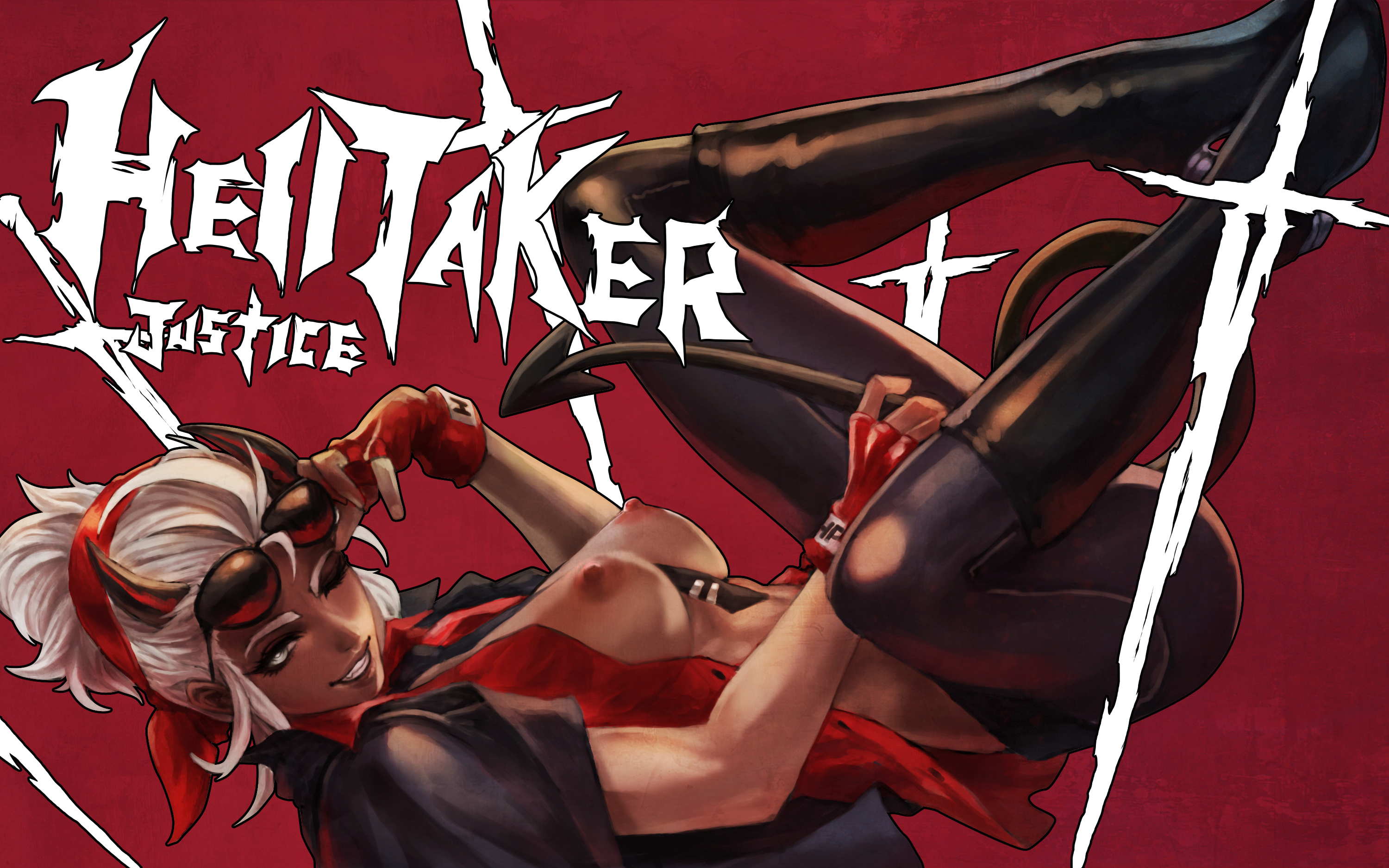 between breasts, breasts, demon, demon girl, eyewear on head, female, glasses, helltaker, justice (helltaker), long hair, monorirogue, necklace, solo, solo female, sunglasses, sunglasses on head, torn clothes, white hair, wink