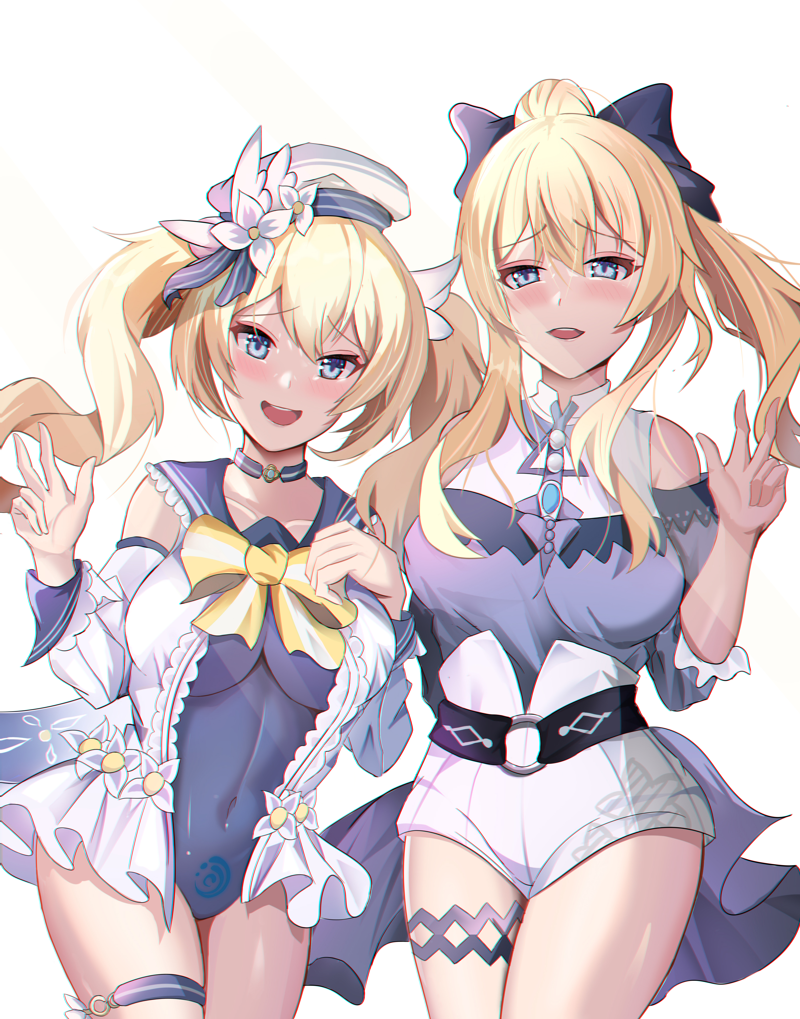 2girls, absurdres, bangs, barbara (genshin impact), barbara (summertime sparkle) (genshin impact), bare shoulders, blonde hair, blue eyes, blush, bow, breasts, choker, chushou jiang, collarbone, drill hair, eyebrows visible through hair, female, fingers, genshin impact, hair between eyes, hair ribbon, hairbow, hat, highres, jean gunnhildr, jean gunnhildr (sea breeze dandelion), large breasts, long hair, looking at viewer, multiple females, multiple girls, navel, nun, ponytail, pubic tattoo, ribbon, sailor collar, siblings, sidelocks, simple background, sisters, smile, stomach, tattoo, thigh strap, thighs, twin drills, twintails, v, white background