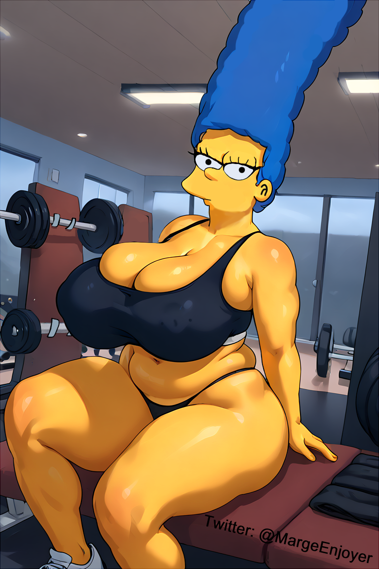 1girls ai_generated big_breasts blue_hair calvin_klein edit gym gym_clothes hair_blue huge_breasts marge_simpson margeenjoyer milf nipple_piercing self_upload solo the_simpsons thick_thighs thong weights wide_hips yellow_skin