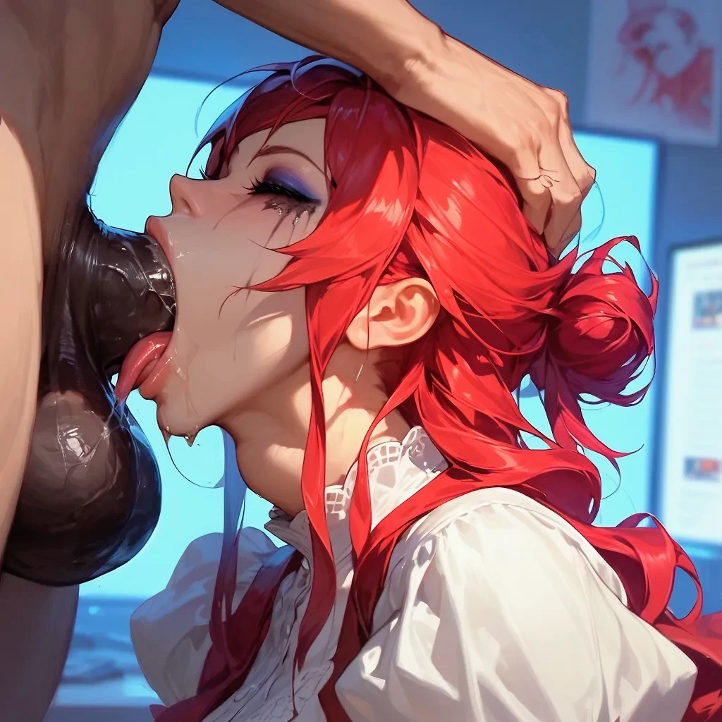 1boy, 1girls, ai generated, alternate hairstyle, balls, big penis, blowjob, cock sleeve, dark skin, dark-skinned male, deepthroat, face fucking, fellatio, female, gagging, makeup, makeup running, male, mascara, massive balls, megami tensei, mitsuru kirijo, mouth full of cock, oral, penis, persona, persona 3, red hair, running mascara, runny makeup, straight