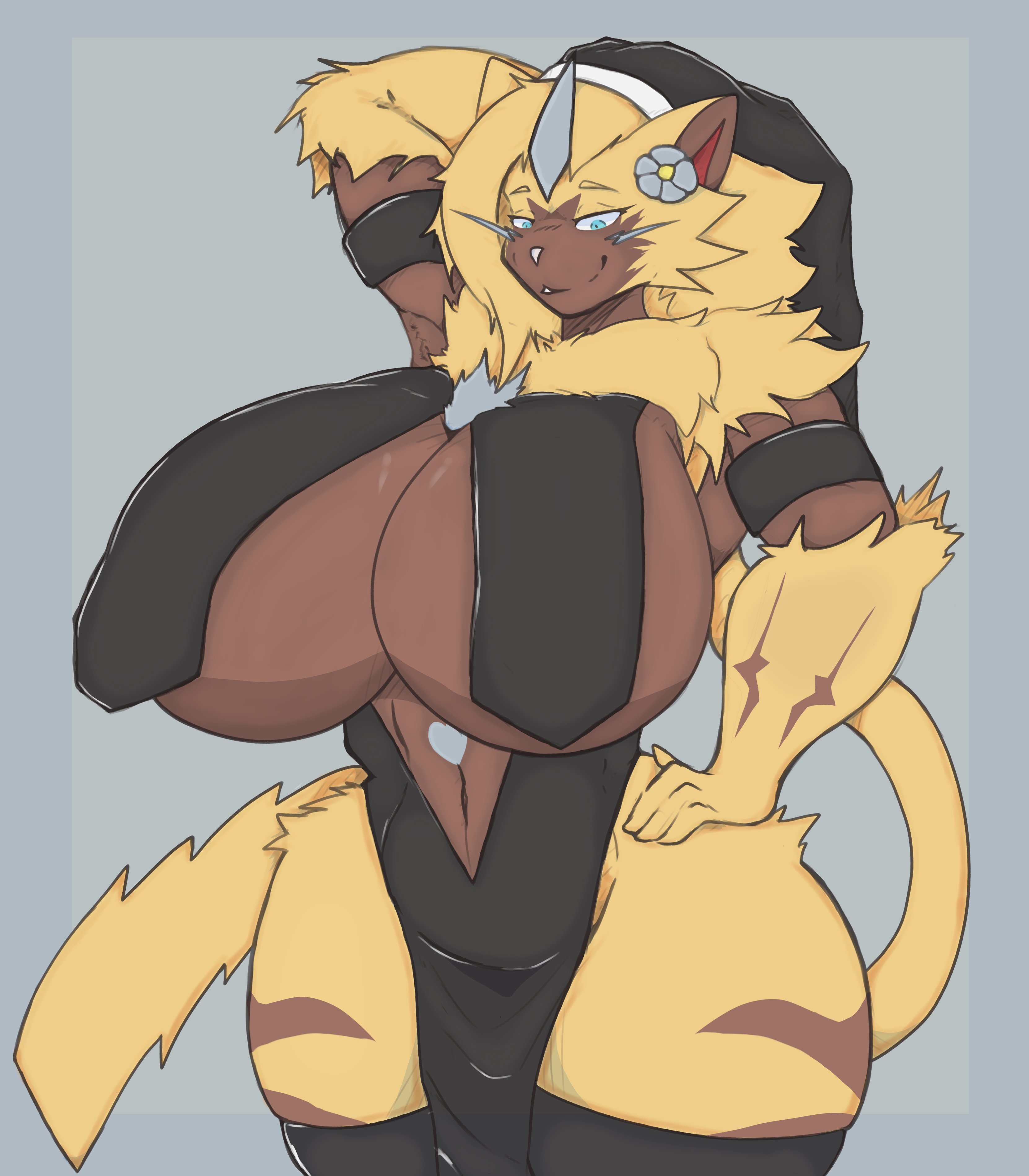 absurd res, amadchief, anthro, anthro only, armpits, aurora (nbanoob), big breasts, biped, breasts, clothed, clothing, female, fur, generation 7 pokemon, hand on hip, hi res, huge breasts, legendary pokemon, legwear, nintendo, nun, pokemon, pokemon (species), skimpy, solo, thick thighs, thigh highs, wide hips, yellow body, yellow fur, zeraora
