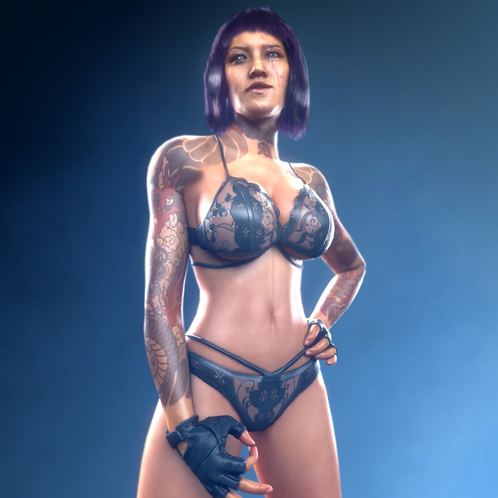 1girls asian bra breasts call_of_duty call_of_duty_black_ops_cold_war flickytuts gloves huge_breasts kitsune_(cod) looking_away panties purple_hair scars smirk solo_female tattoo teasing