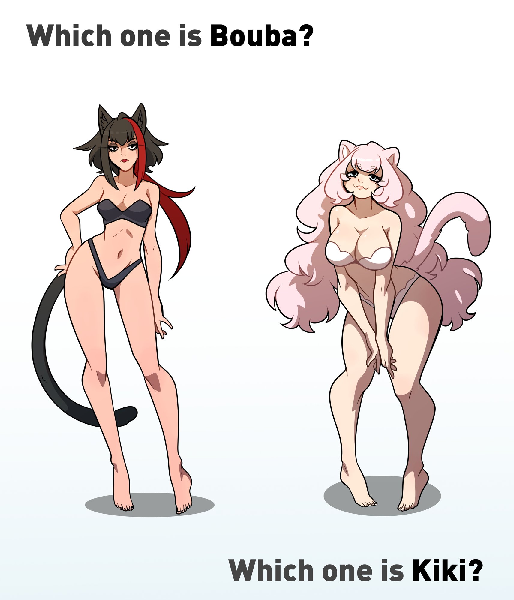 :3, 2girls, big breasts, black hair, black panties, bra, breasts, cat ears, cat girl, cat tail, catgirl, cleavage, english text, eyelashes, female, female only, hi res, kinkymation, large breasts, long hair, looking at viewer, medium breasts, narrowed eyes, original, panties, pink hair, red hair, red lipstick, small breasts, smile, smug, tail, take your pick, text, two-tone hair, unamused, white background, white panties