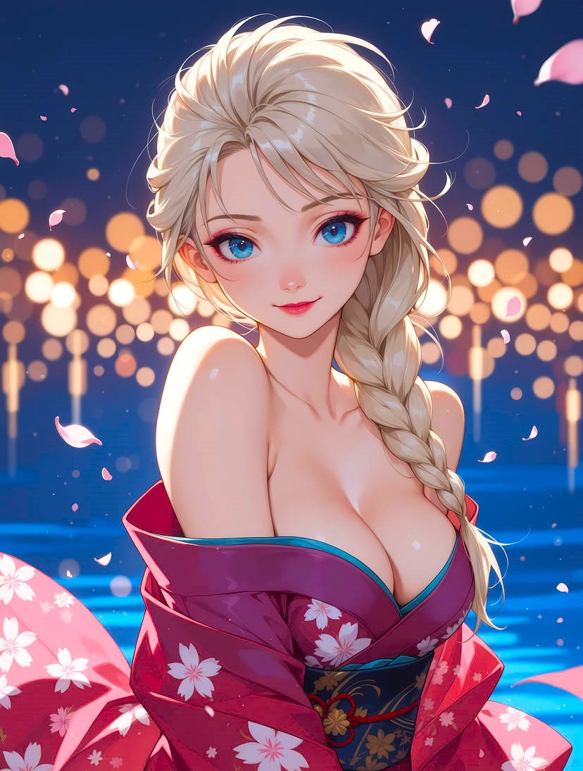 1girls ai_generated arczisan babe bare_shoulders beautiful beautiful_females blonde_female blue_eyes_female breasts busty_female city city_background city_lights cleavage curvy disney disney_channel disney_princess divine_beauty elegant elsa_(frozen) eyeshadow female floral_print floral_print_kimono flower frozen_(film) happy kimono large_breasts lipstick looking_at_viewer magical_girl night off_shoulder_kimono petals pigtails pose princess red_kimono royalty sensual sexy smile solo_female valentine's_day