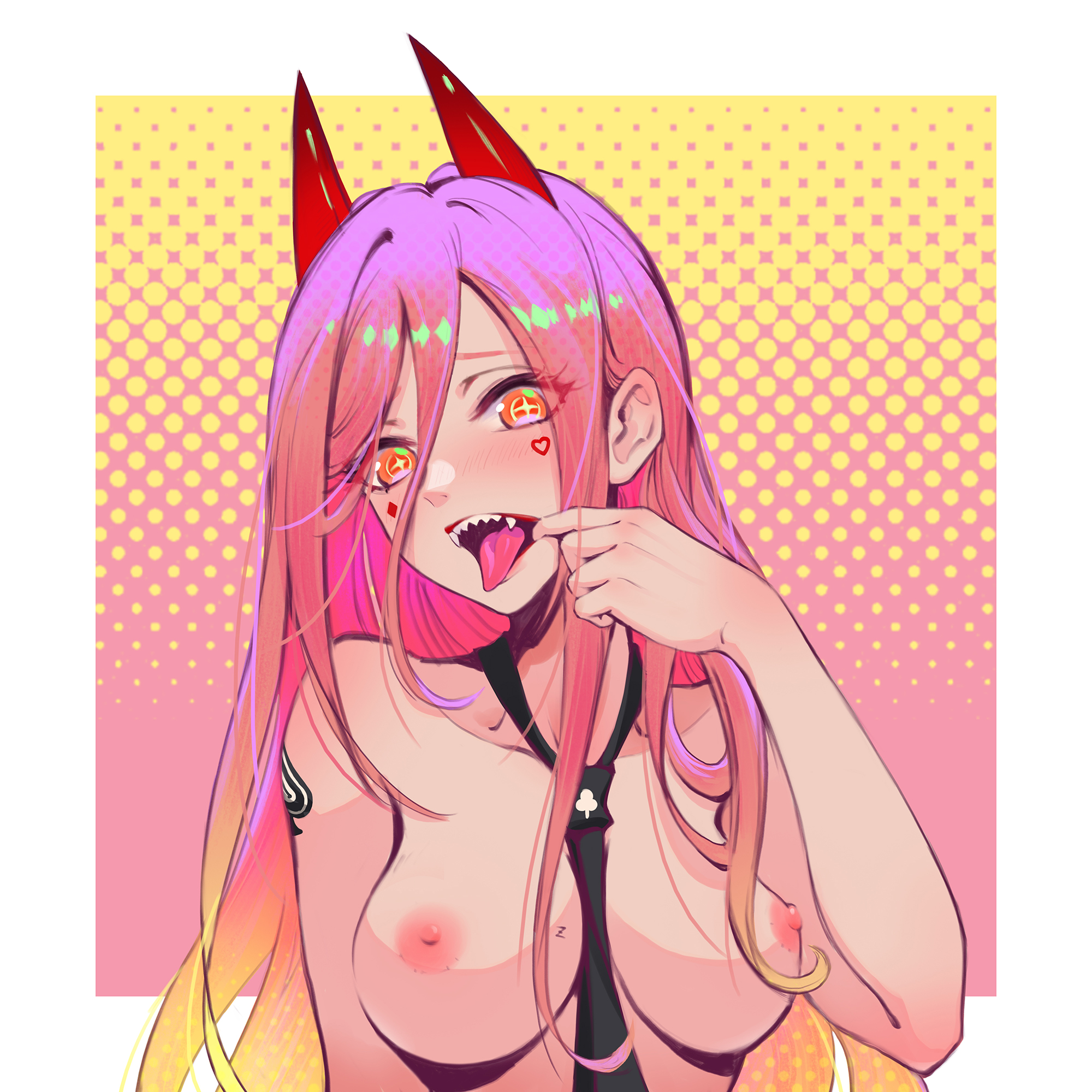 1girls, areolae, breasts, chainsaw man, demon, demon girl, demon horns, eye contact, female, female only, horns, joker.z, long hair, looking at viewer, medium breasts, multicolored hair, nipples, power (chainsaw man), sharp teeth, tattoo, tongue, tongue out, upper body