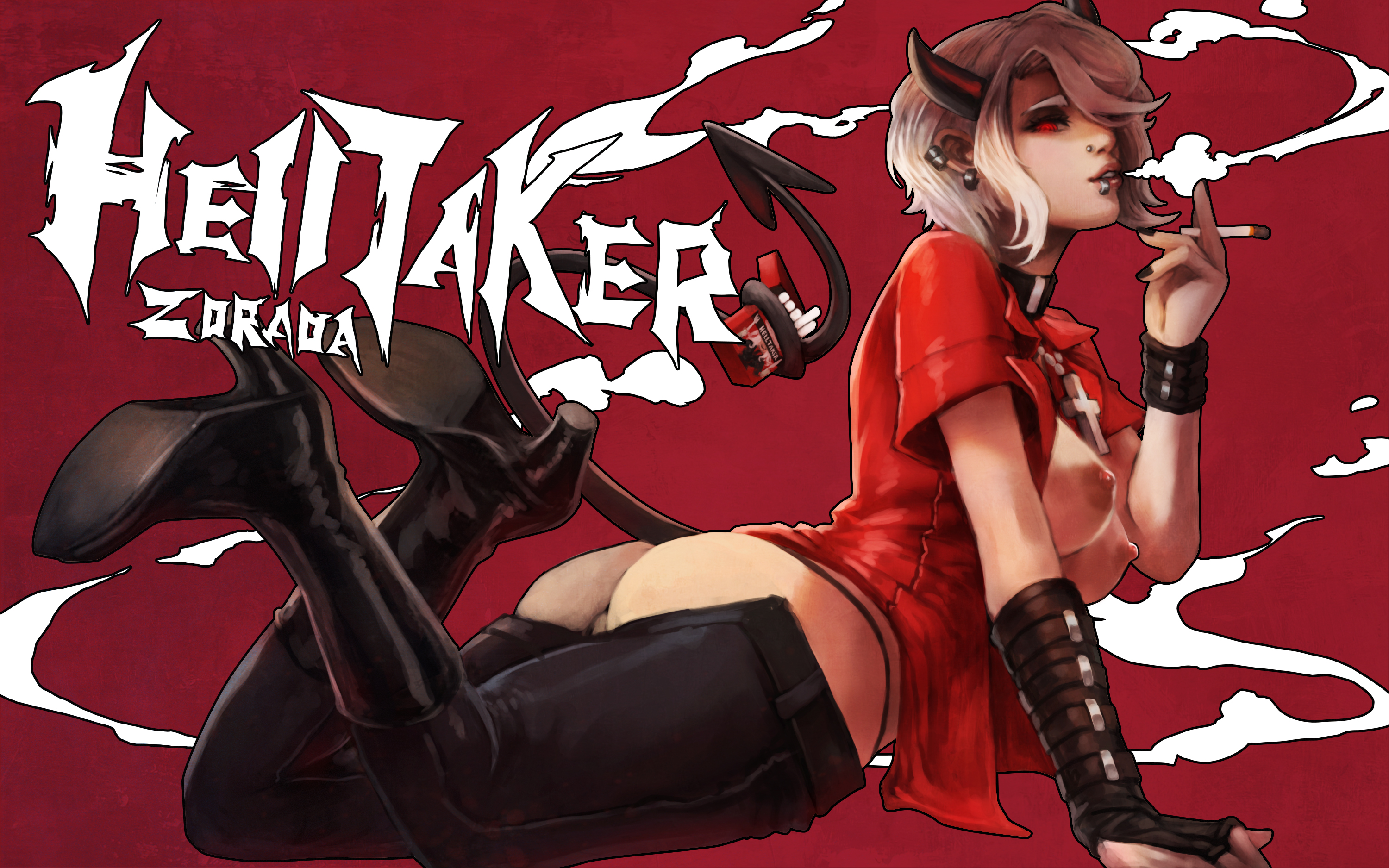 ass, breasts, female, helltaker, horns, looking at viewer, lying, monorirogue, open clothes, pussy, red eyes, red shirt, smoking, solo, solo female, white hair, zdrada (helltaker)