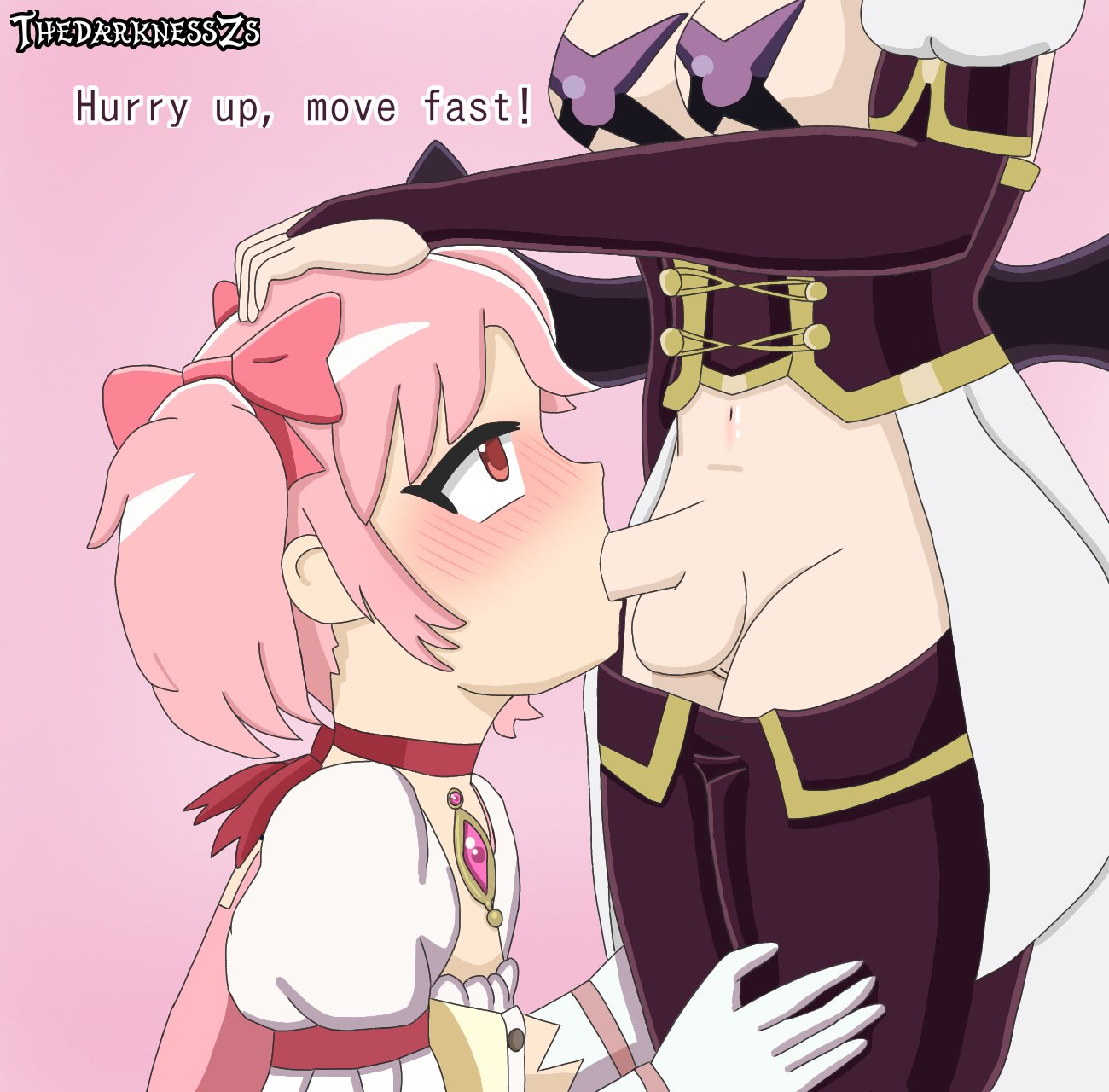 1futa, 1girls, balls, bitch, blowjob, breasts, crossover, defeat, defeated, defeated female, defeated heroine, fellatio, female, forced, forced blowjob, forced fellatio, forced oral, forcing, futanari, gloves, gushing over magical girls, hair bows, hairbow, hand on another's head, head out of frame, hiiragi utena, intersex, kaname madoka, lower body, madoka kaname, magia baiser, magical girl, mahou shoujo madoka magica, mahou shoujo ni akogarete, medium breasts, oral, owned bitch, pasties, penis, penis in mouth, petting, pink background, pink eyes, pink hair, puella magi madoka magica, soul gem, star pasties, testicles, text, thedarknesszs