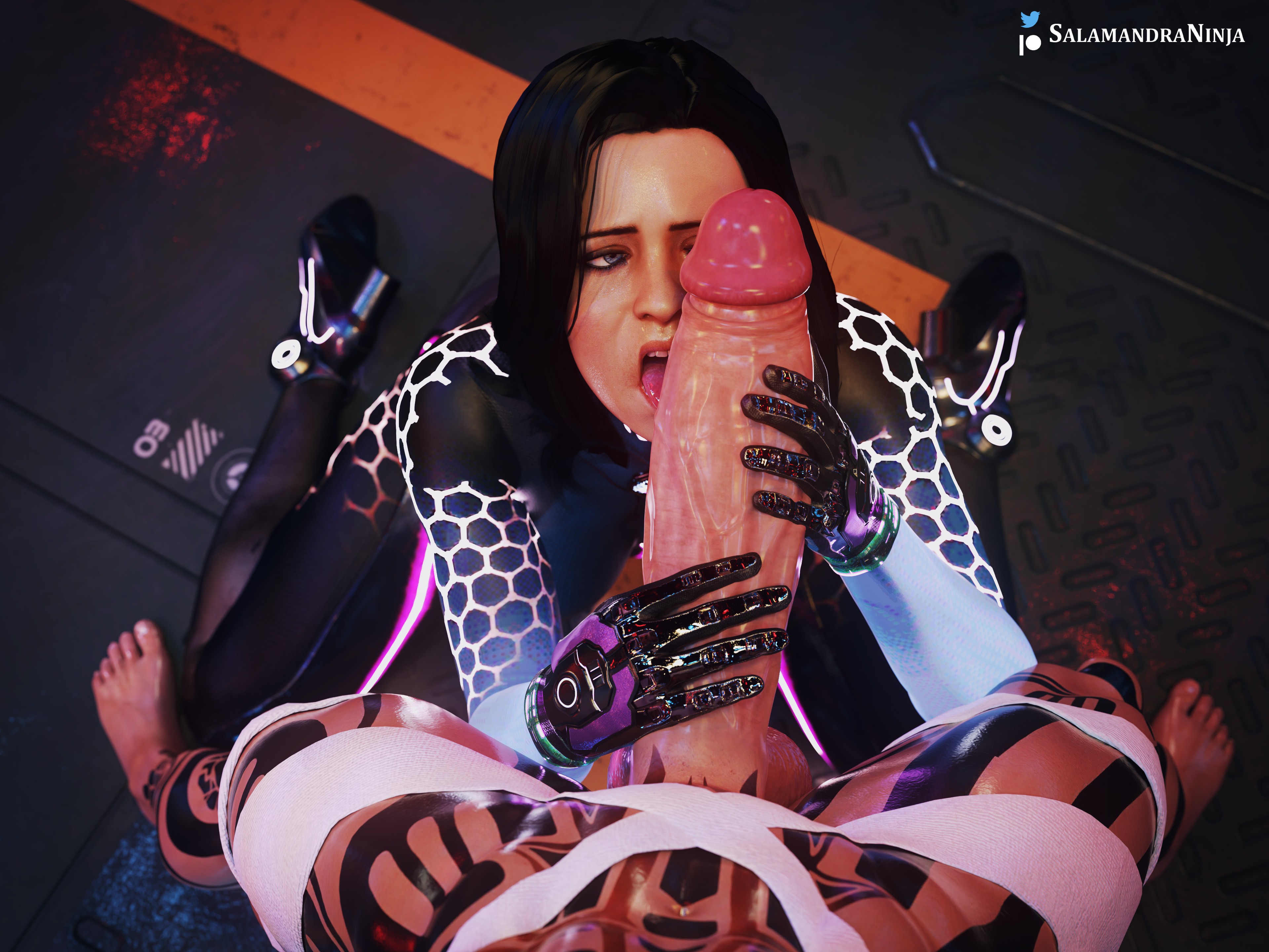 1futa, 1girls, 3d, balls, big penis, bodysuit, breasts, clothed, clothing, duo, erection, fellatio, female, female focus, fully clothed, futa on female, futanari, high-angle view, huge cock, human, intersex, jack (mass effect), light skin, light-skinned female, light-skinned futa, mass effect, miranda lawson, mostly nude, oral, pale skin, penis, salamandraninja, standing