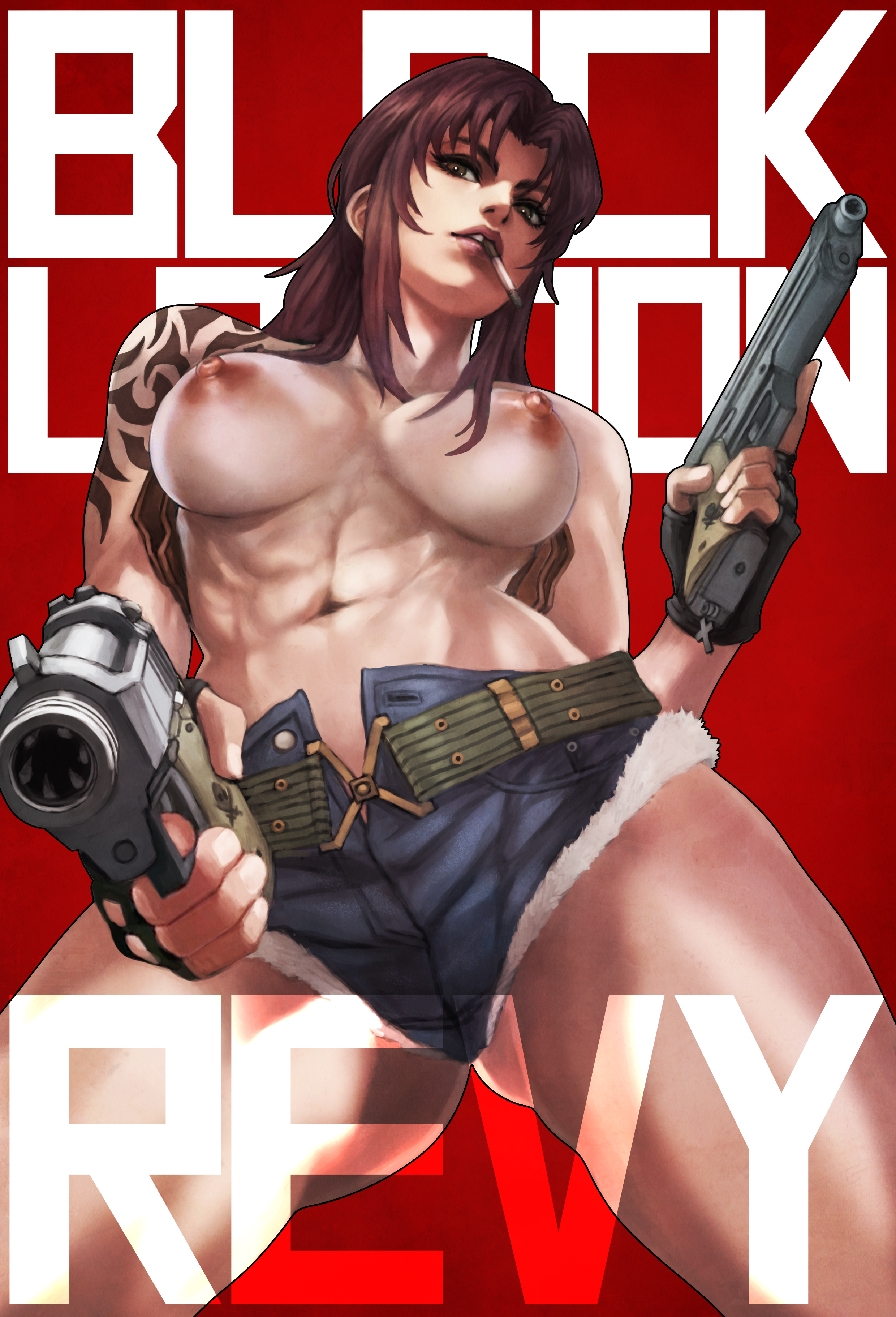 1girls, abs, bangs, big breasts, black lagoon, breasts, brown eyes, brown hair, cigarette, dual wielding, female, female only, gun, long hair, looking at viewer, looking down, looking down at viewer, monorirogue, muscular, muscular female, navel, nipples, no bra, ponytail, revy, short shorts, shorts, simple background, smoking, solo, solo female, tattoo, text, thick thighs, thighs, topless, weapon