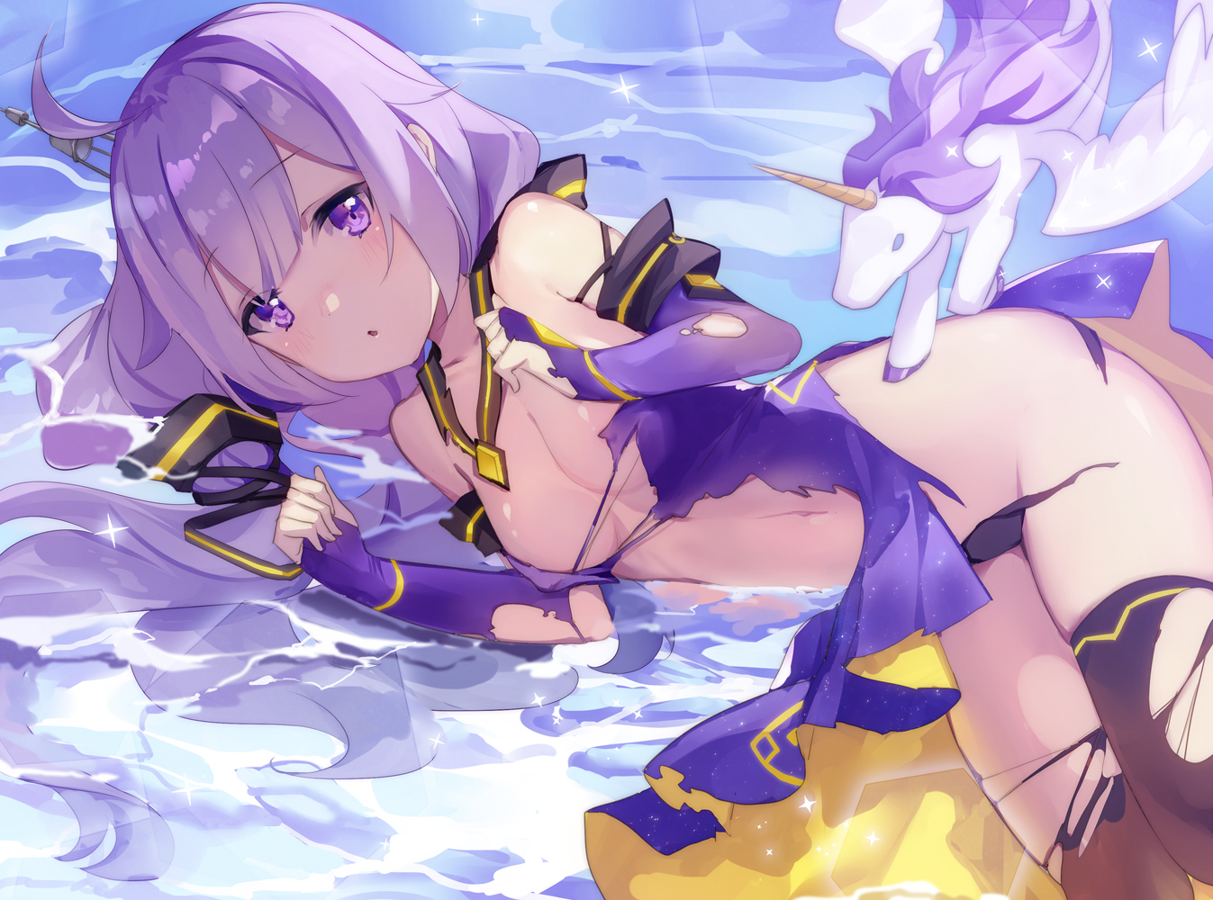 1girls, adult, ass, azur lane, big breasts, blush, breasts, female, miku vhu, purple eyes, purple hair, thick thighs, thighhighs, thighs, torn clothes, unicorn (azur lane), wet