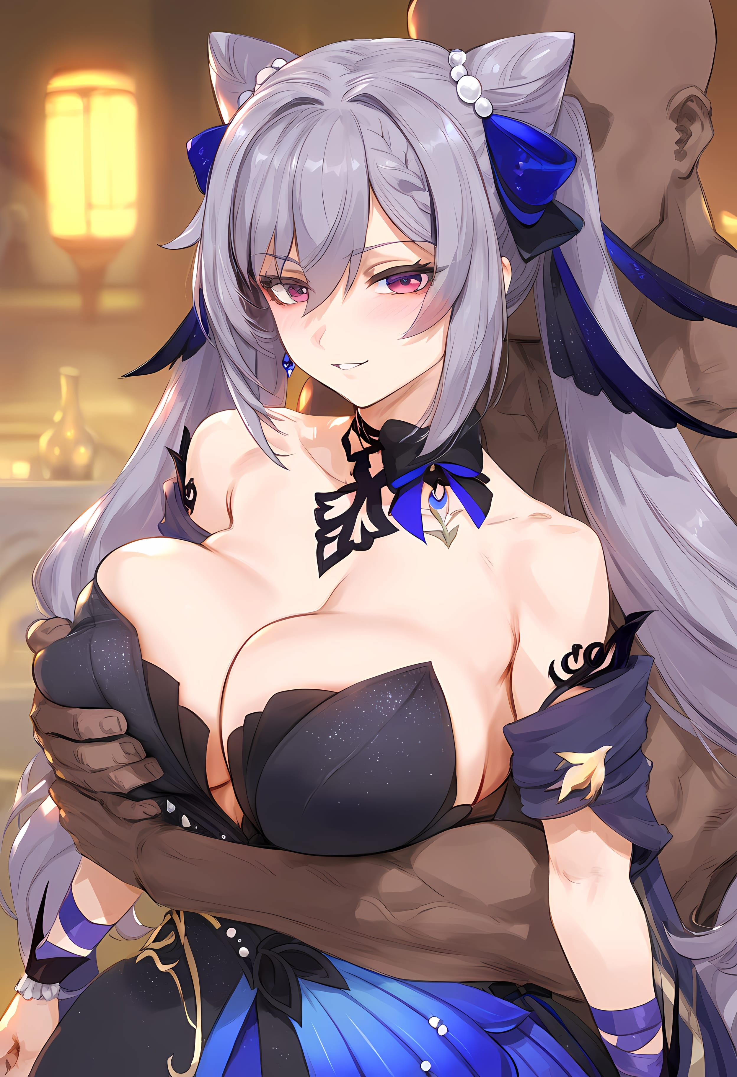 1boy, 1girls, ai generated, bangs, bare shoulders, black dress, blush, bow, breast grab, breasts, cleavage, clothed female nude male, clothing, completely nude, cone hair bun, curvaceous, curvaceous female, curvaceous figure, curvy, curvy figure, dark skin, dark-skinned male, detached collar, double bun, dress, earrings, female, female focus, genshin impact, gloves, grabbing, grin, groping, hair bun, hair ornament, interracial, jewelry, keqing (genshin impact), keqing (opulent splendor) (genshin impact), large breasts, long hair, looking at viewer, male, nakatori, nude, pantyhose, parted lips, purple eyes, purple hair, ribbon, smile, solo focus, straight, strapless, strapless dress, swept bangs, tied hair, twintails, voluptuous, voluptuous female
